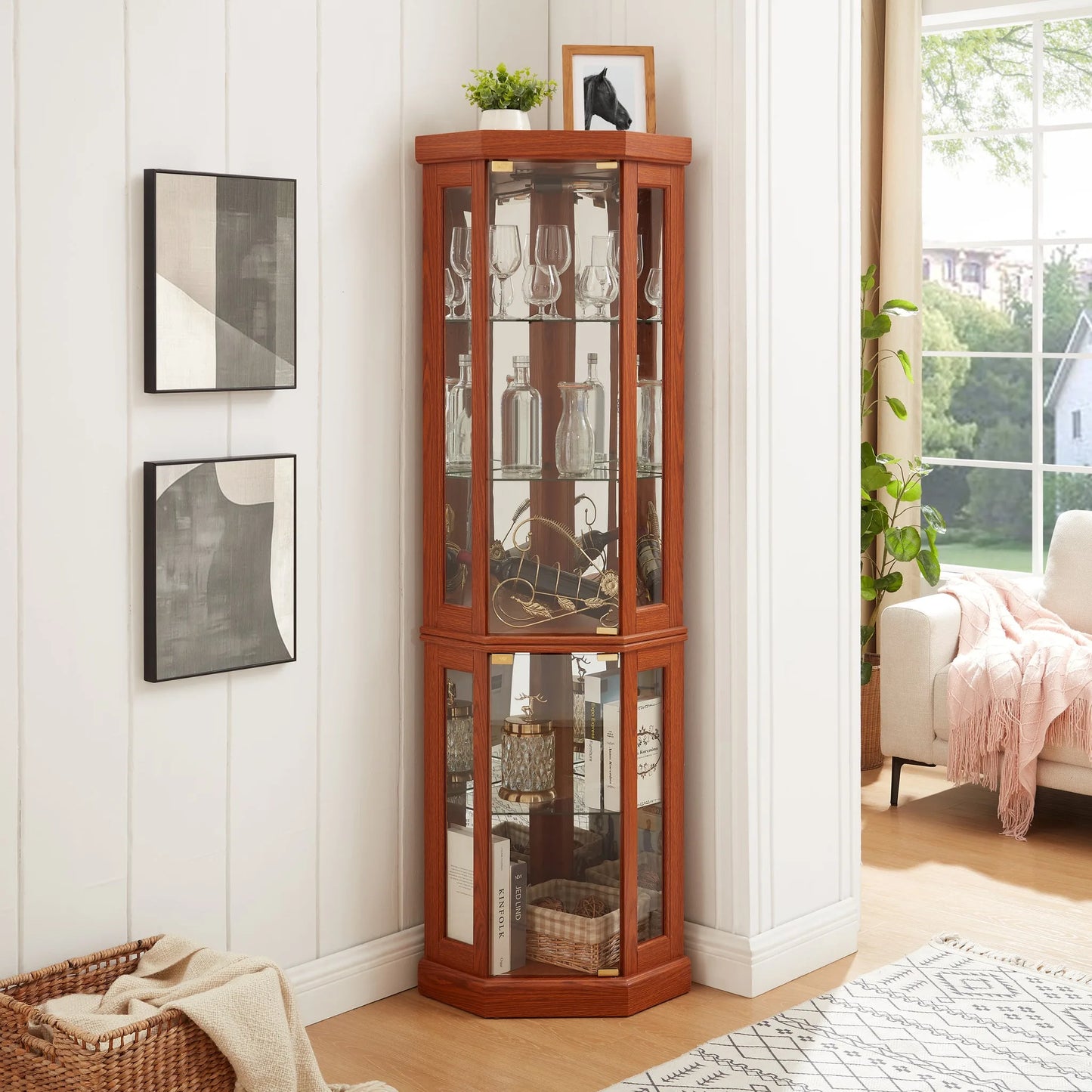 Corner Glass Cabinet Lighted Curio Cabinet Corner Display Case for Living Room, Curio Cabinet, Antique collection, Wine, Bar Glass Storage Light Included, Dark oak detail view 14