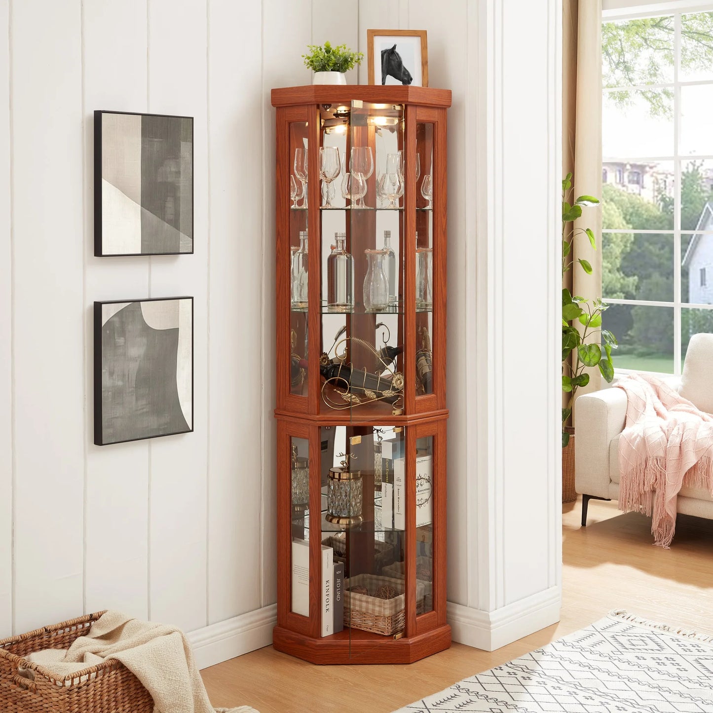 Corner Glass Cabinet Lighted Curio Cabinet Corner Display Case for Living Room, Curio Cabinet, Antique collection, Wine, Bar Glass Storage Light Included, Dark oak detail view 18