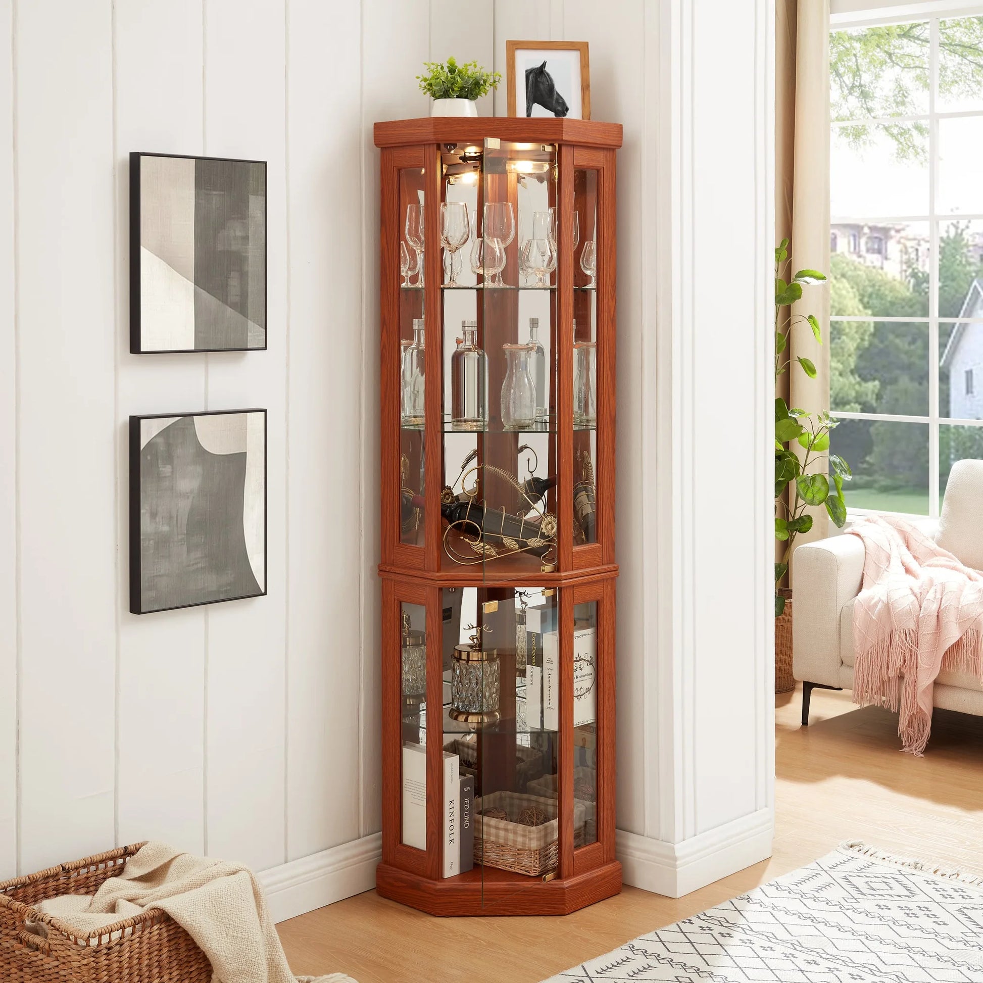 Corner Glass Cabinet Lighted Curio Cabinet Corner Display Case for Living Room, Curio Cabinet, Antique collection, Wine, Bar Glass Storage Light Included, Dark oak detail view 18