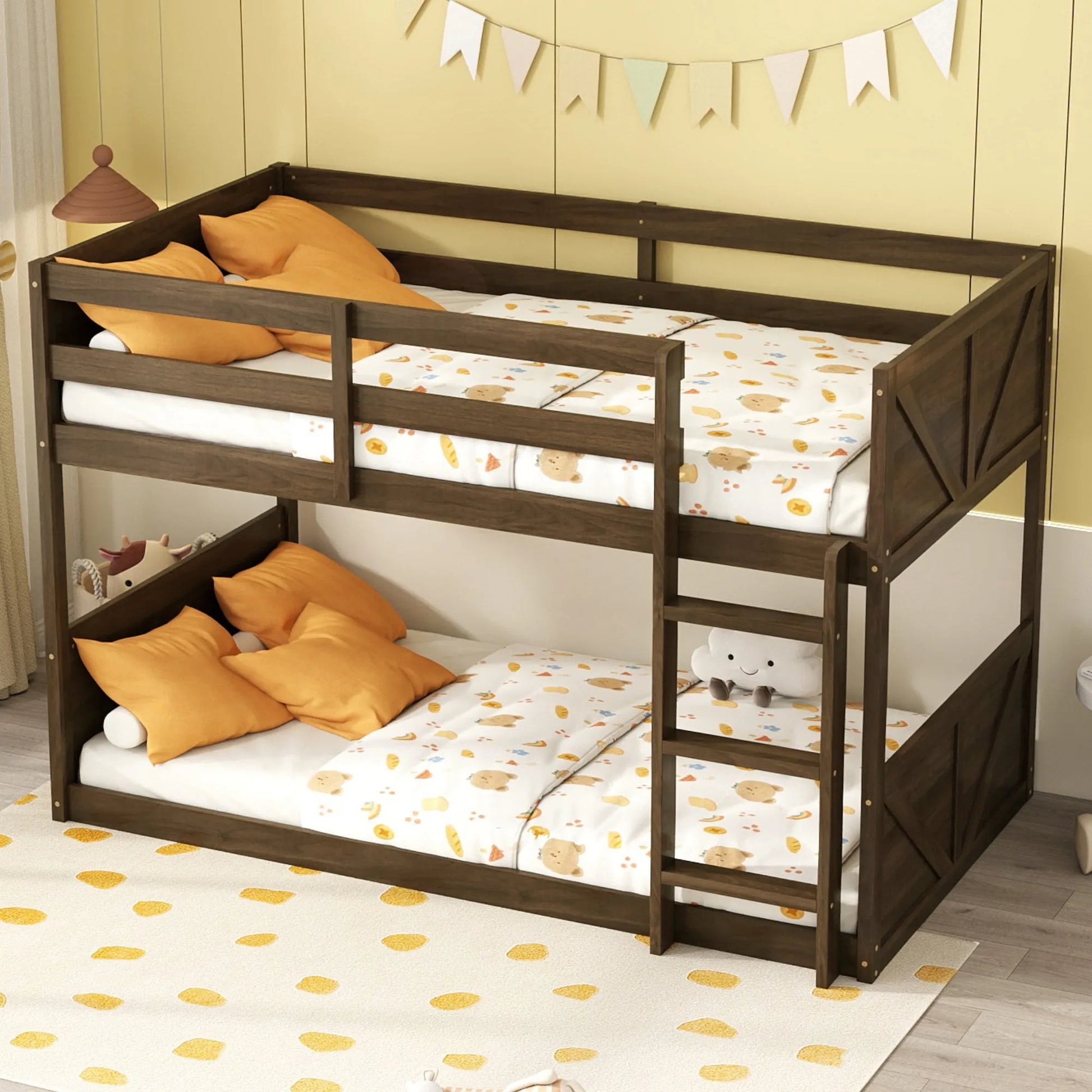 Twin over Twin Floor Bunk Bed with Panelled Headboard and Footboard, Solid Rubber Wood Foundation with Safety Guardrails, Built-in ladder, Antique Oak lifestyle view
