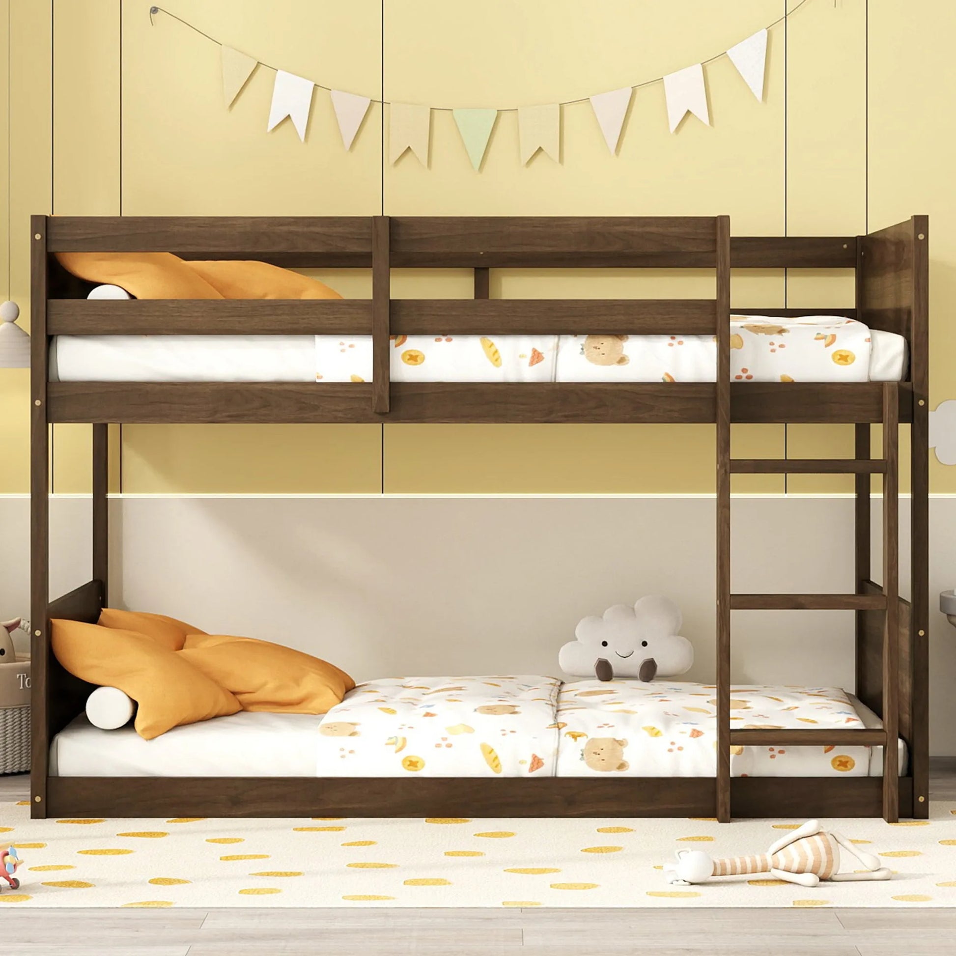 Twin over Twin Floor Bunk Bed with Panelled Headboard and Footboard, Solid Rubber Wood Foundation with Safety Guardrails, Built-in ladder, Antique Oak detail view 2