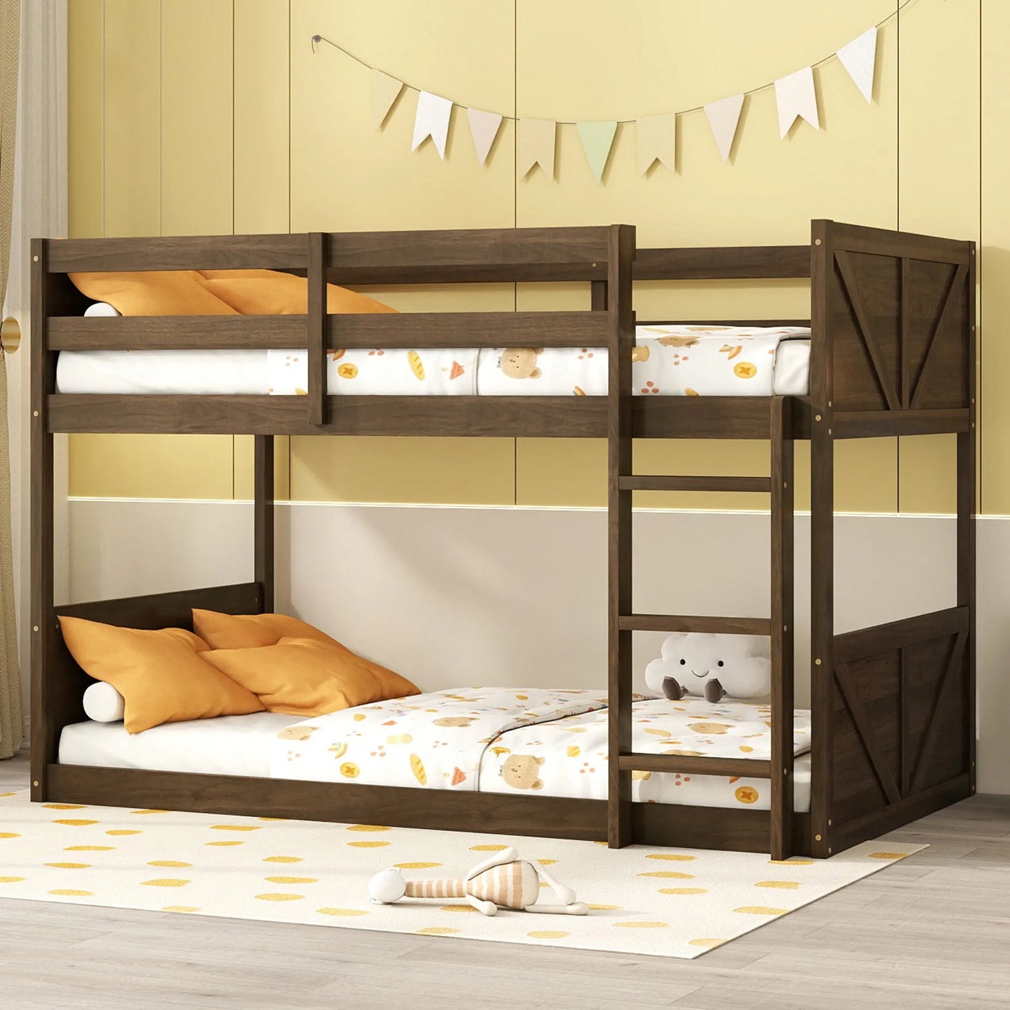 Twin over Twin Floor Bunk Bed with Panelled Headboard and Footboard, Solid Rubber Wood Foundation with Safety Guardrails, Built-in ladder, Antique Oak detail view 3