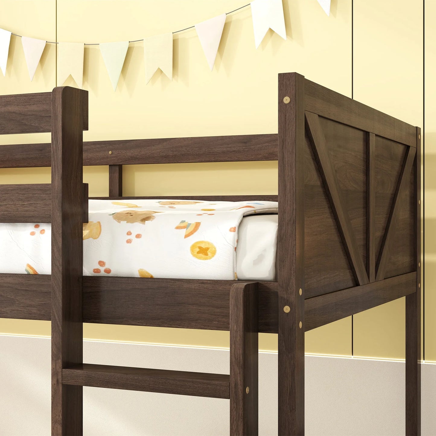 Twin over Twin Floor Bunk Bed with Panelled Headboard and Footboard, Solid Rubber Wood Foundation with Safety Guardrails, Built-in ladder, Antique Oak detail view 4