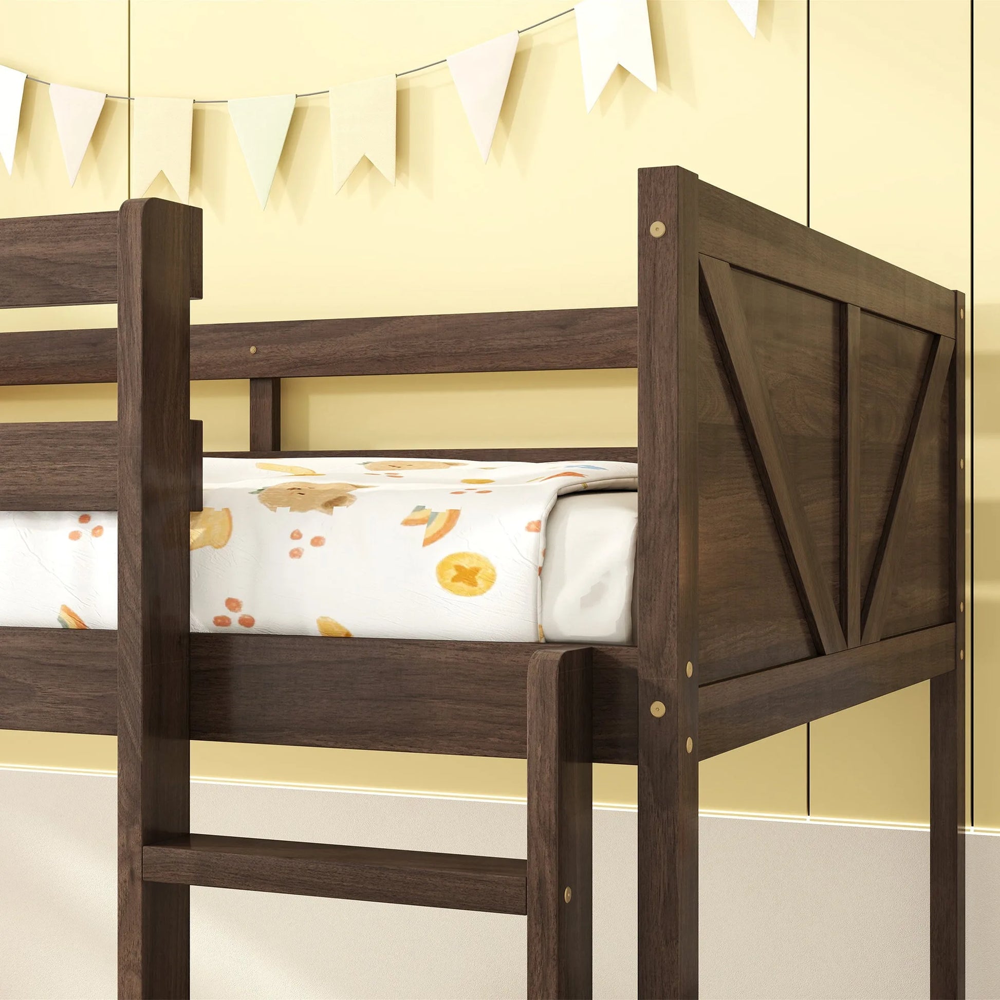 Twin over Twin Floor Bunk Bed with Panelled Headboard and Footboard, Solid Rubber Wood Foundation with Safety Guardrails, Built-in ladder, Antique Oak detail view 4