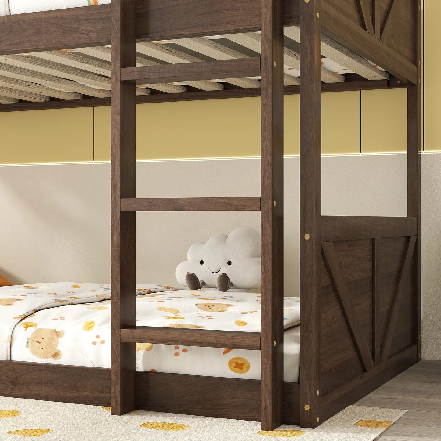 Twin over Twin Floor Bunk Bed with Panelled Headboard and Footboard, Solid Rubber Wood Foundation with Safety Guardrails, Built-in ladder, Antique Oak detail view 5