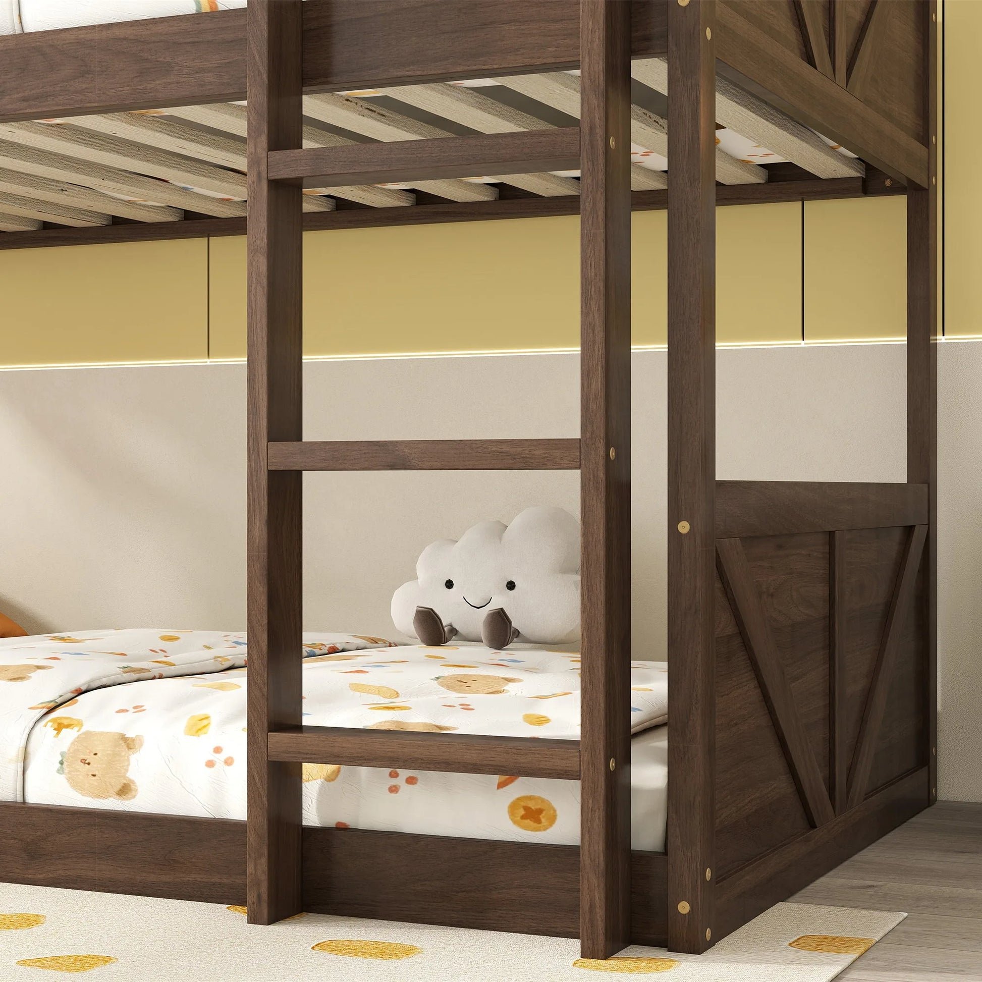 Twin over Twin Floor Bunk Bed with Panelled Headboard and Footboard, Solid Rubber Wood Foundation with Safety Guardrails, Built-in ladder, Antique Oak detail view 5