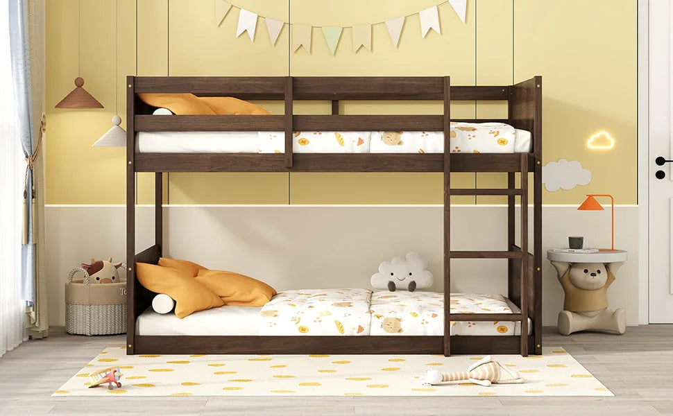 Twin over Twin Floor Bunk Bed with Panelled Headboard and Footboard, Solid Rubber Wood Foundation with Safety Guardrails, Built-in ladder, Antique Oak detail view 6