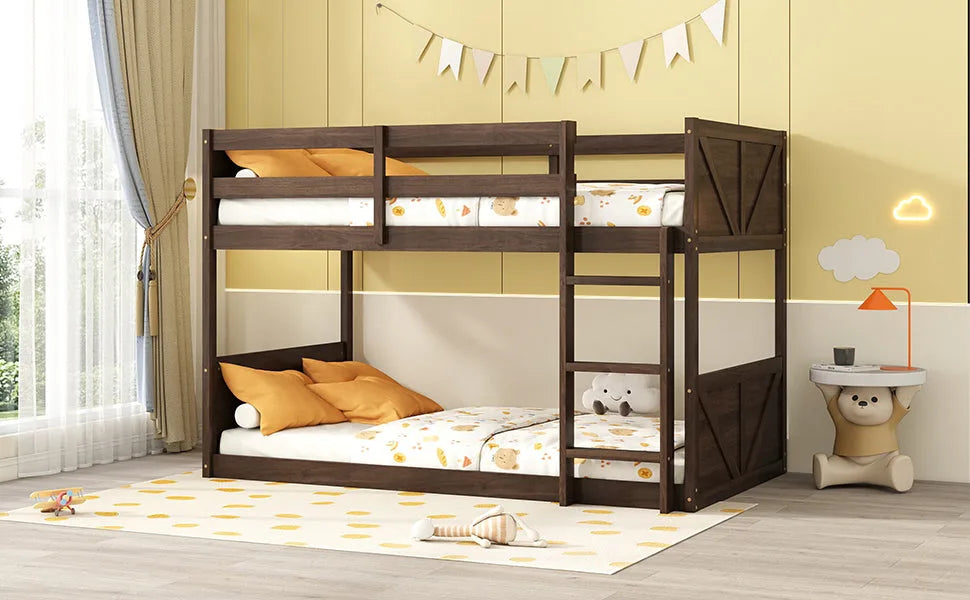Twin over Twin Floor Bunk Bed with Panelled Headboard and Footboard, Solid Rubber Wood Foundation with Safety Guardrails, Built-in ladder, Antique Oak detail view 7