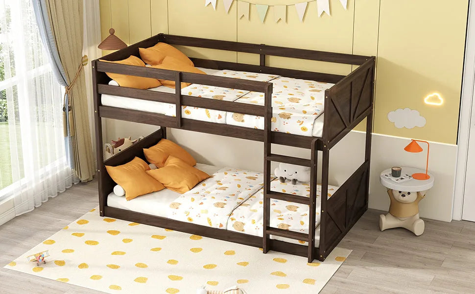 Twin over Twin Floor Bunk Bed with Panelled Headboard and Footboard, Solid Rubber Wood Foundation with Safety Guardrails, Built-in ladder, Antique Oak detail view 8