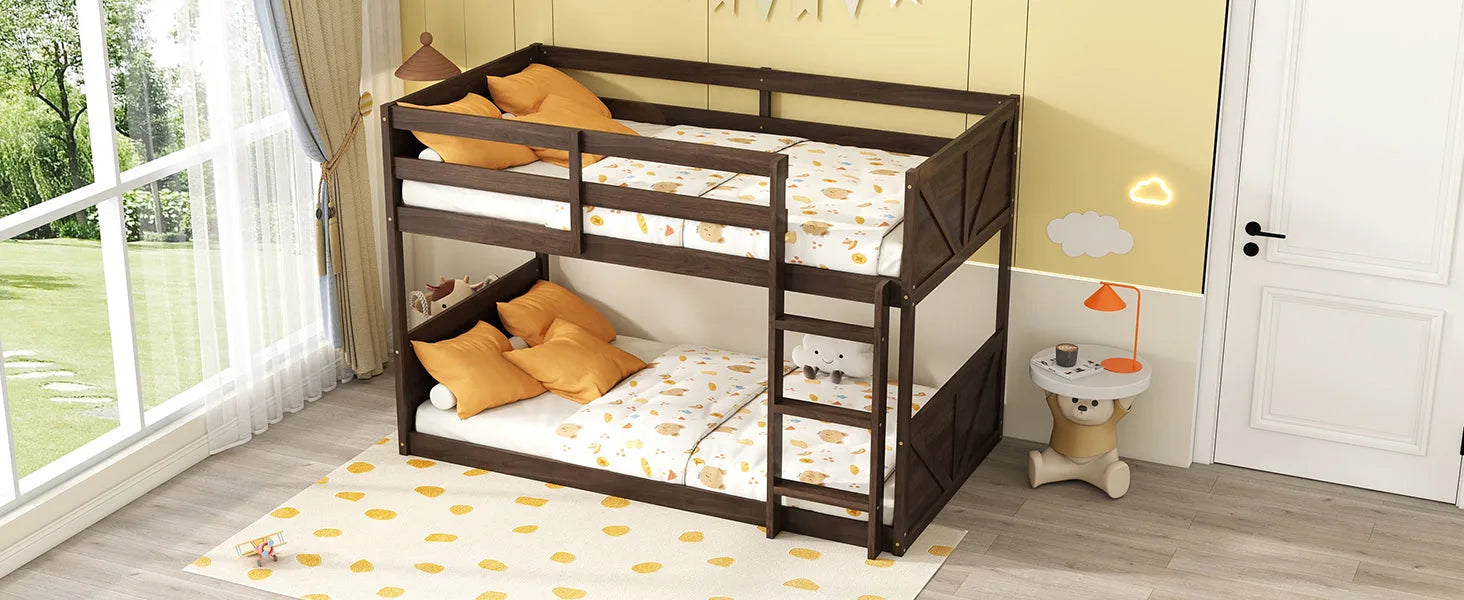 Twin over Twin Floor Bunk Bed with Panelled Headboard and Footboard, Solid Rubber Wood Foundation with Safety Guardrails, Built-in ladder, Antique Oak detail view 10