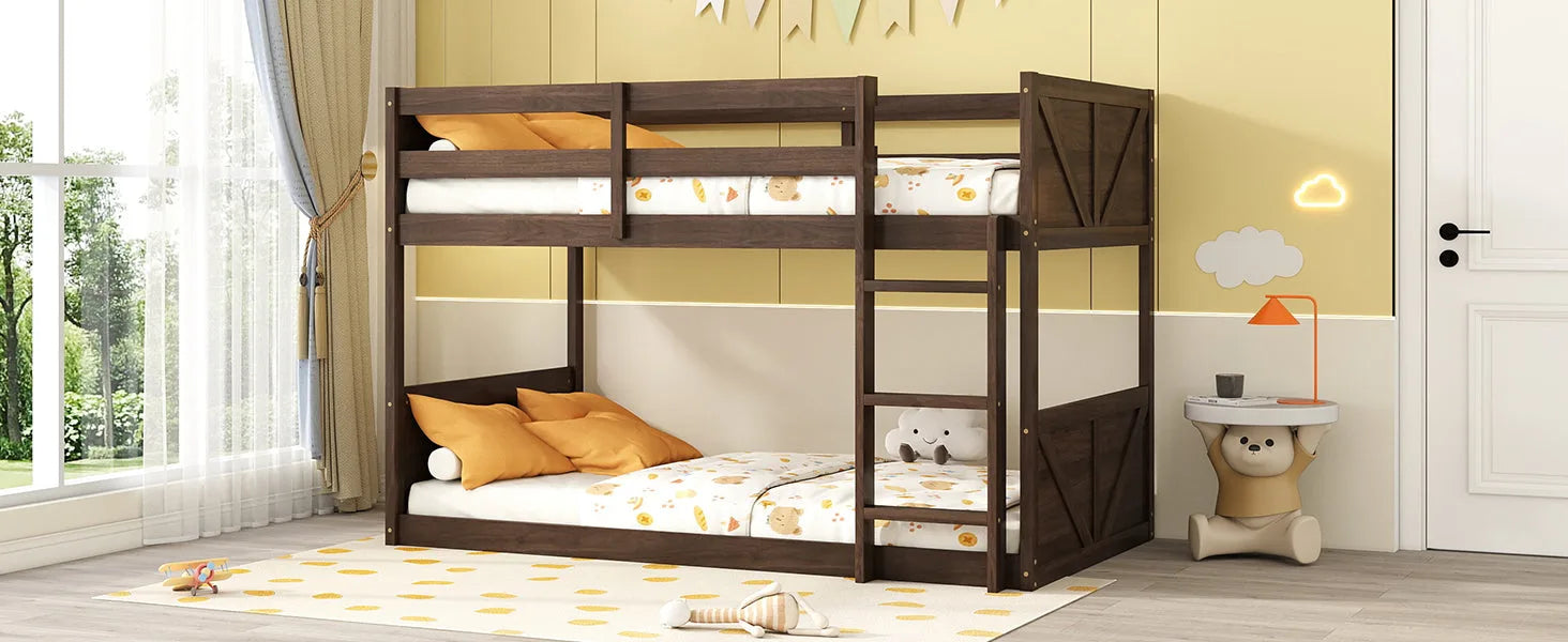 Twin over Twin Floor Bunk Bed with Panelled Headboard and Footboard, Solid Rubber Wood Foundation with Safety Guardrails, Built-in ladder, Antique Oak detail view 11