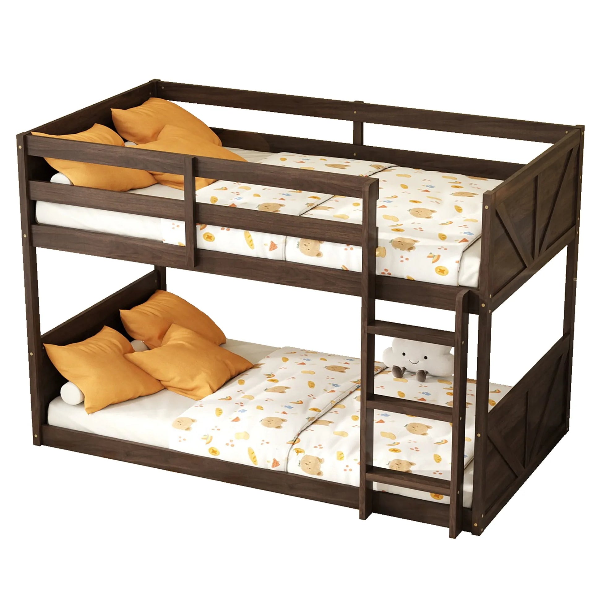 Twin over Twin Floor Bunk Bed with Panelled Headboard and Footboard, Solid Rubber Wood Foundation with Safety Guardrails, Built-in ladder, Antique Oak detail view 12