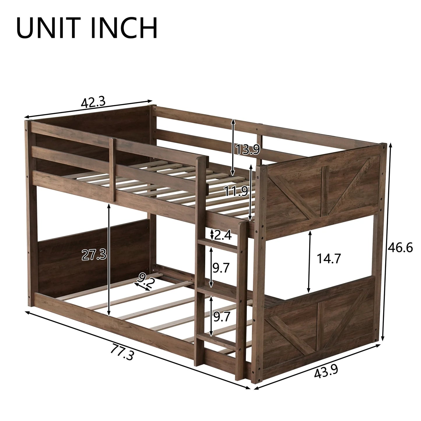 Twin over Twin Floor Bunk Bed with Panelled Headboard and Footboard, Solid Rubber Wood Foundation with Safety Guardrails, Built-in ladder, Antique Oak detail view 13