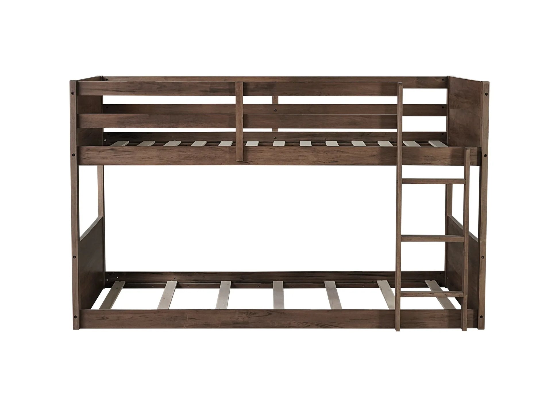 Twin over Twin Floor Bunk Bed with Panelled Headboard and Footboard, Solid Rubber Wood Foundation with Safety Guardrails, Built-in ladder, Antique Oak detail view 14