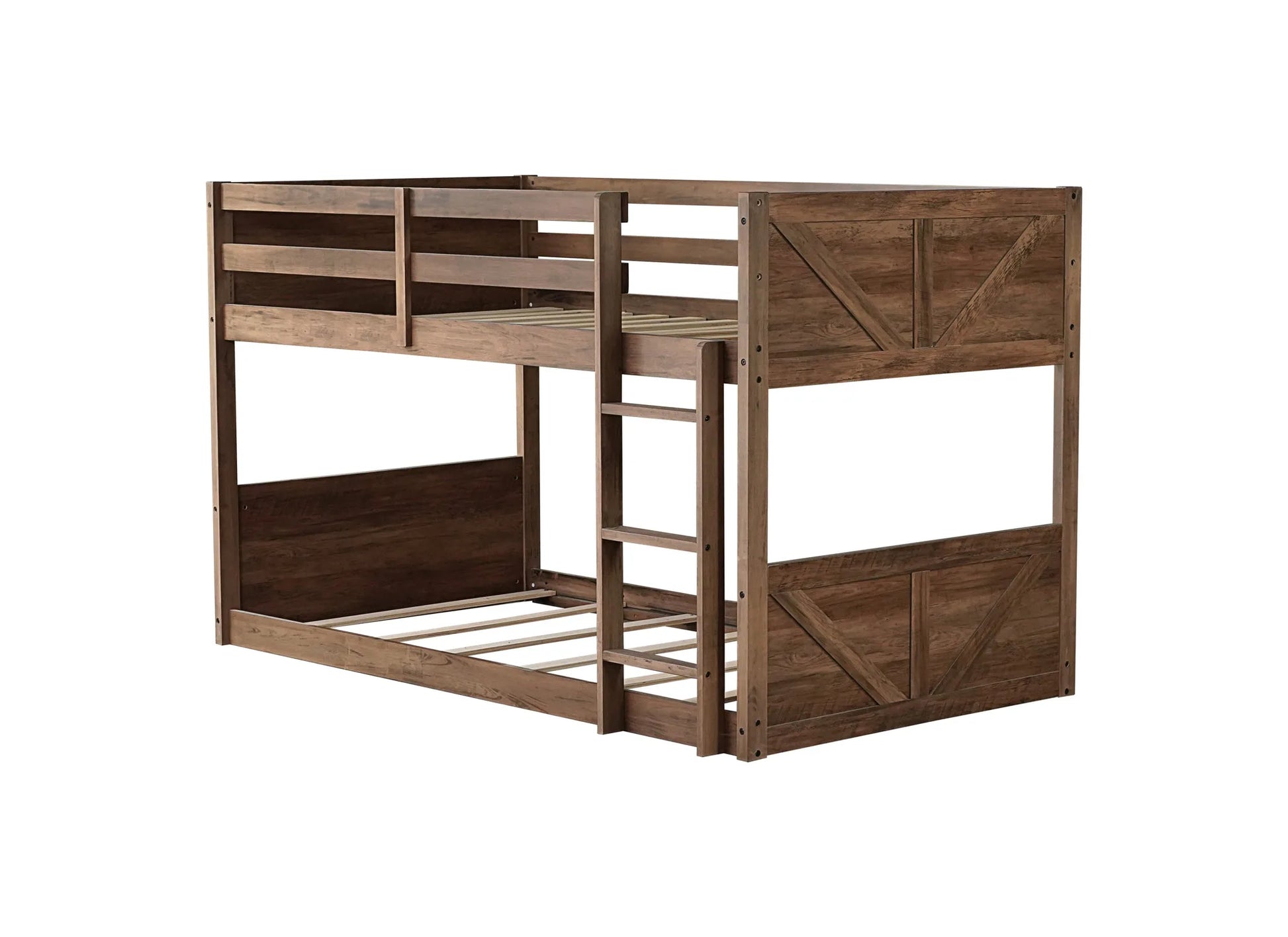 Twin over Twin Floor Bunk Bed with Panelled Headboard and Footboard, Solid Rubber Wood Foundation with Safety Guardrails, Built-in ladder, Antique Oak detail view 15