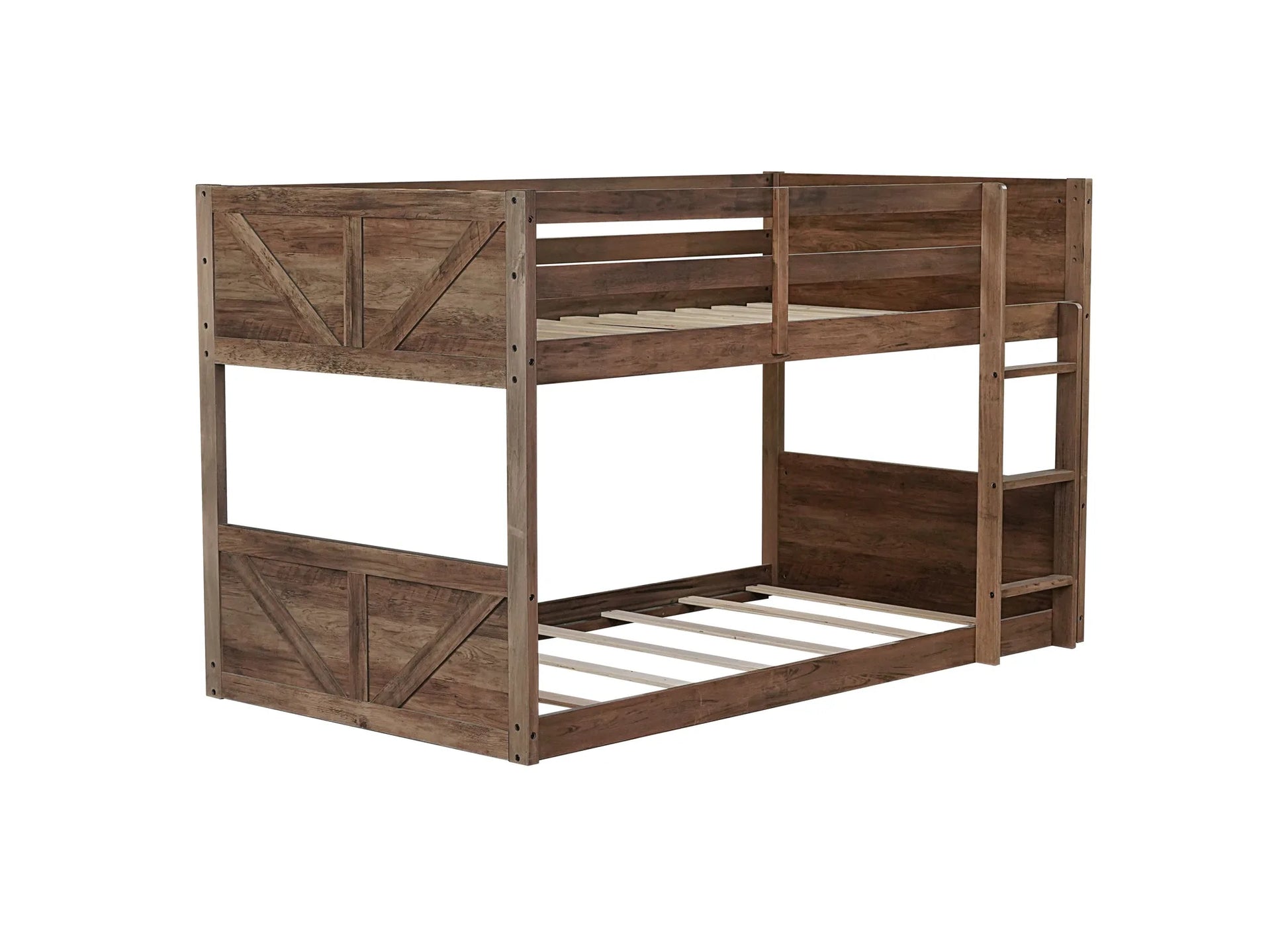 Twin over Twin Floor Bunk Bed with Panelled Headboard and Footboard, Solid Rubber Wood Foundation with Safety Guardrails, Built-in ladder, Antique Oak detail view 16