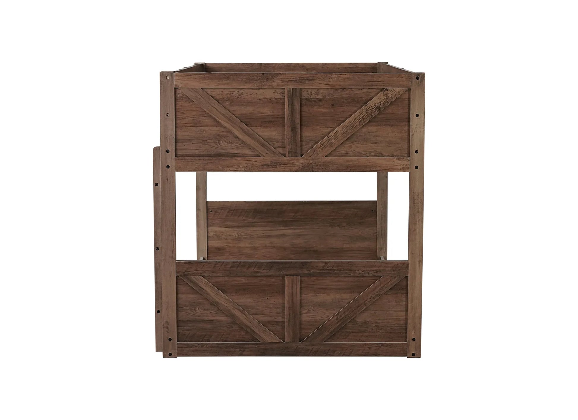 Twin over Twin Floor Bunk Bed with Panelled Headboard and Footboard, Solid Rubber Wood Foundation with Safety Guardrails, Built-in ladder, Antique Oak detail view 17