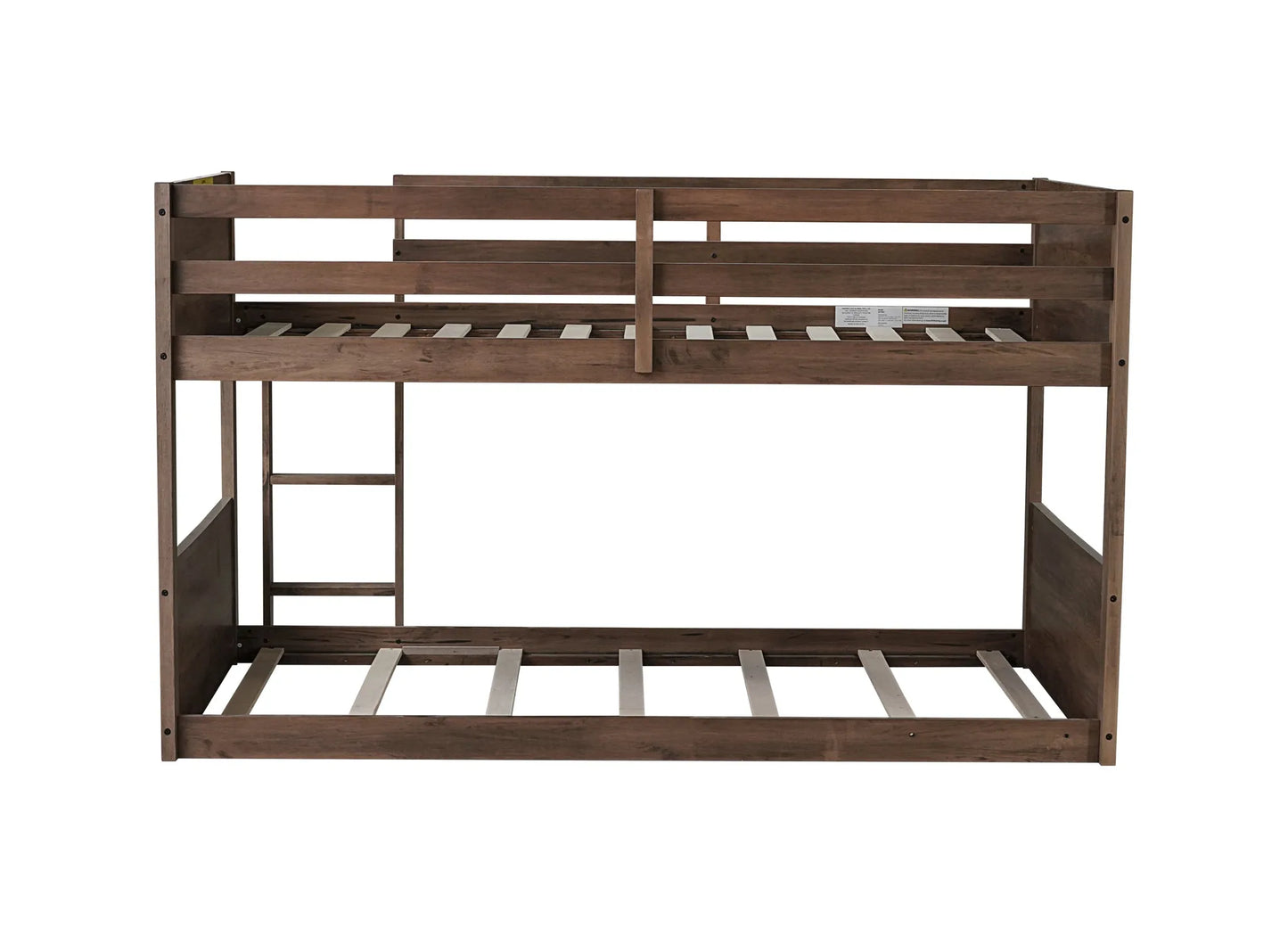 Twin over Twin Floor Bunk Bed with Panelled Headboard and Footboard, Solid Rubber Wood Foundation with Safety Guardrails, Built-in ladder, Antique Oak detail view 18