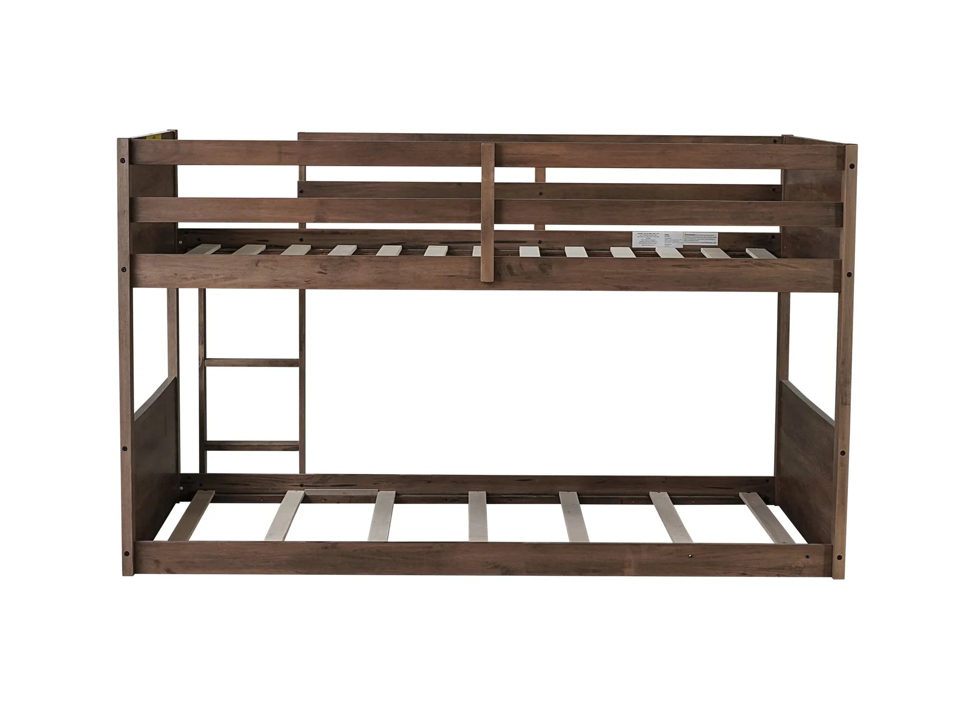 Twin over Twin Floor Bunk Bed with Panelled Headboard and Footboard, Solid Rubber Wood Foundation with Safety Guardrails, Built-in ladder, Antique Oak detail view 18