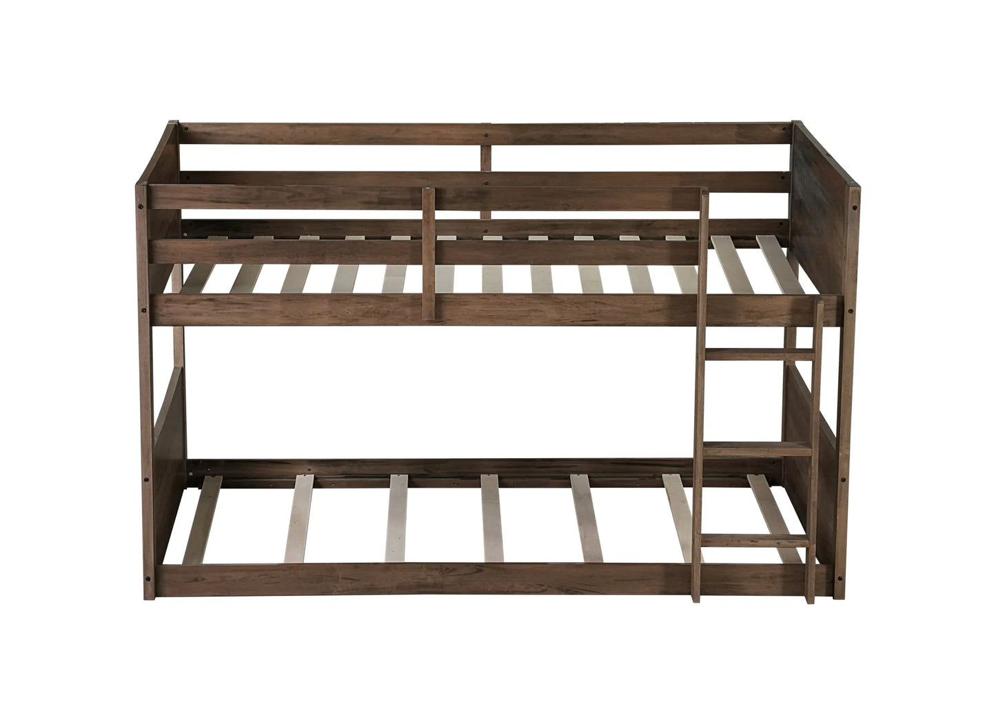 Twin over Twin Floor Bunk Bed with Panelled Headboard and Footboard, Solid Rubber Wood Foundation with Safety Guardrails, Built-in ladder, Antique Oak detail view 19