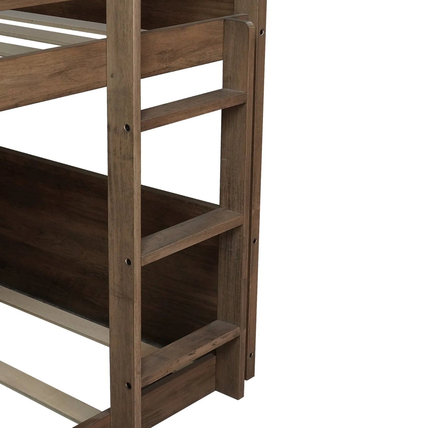 Twin over Twin Floor Bunk Bed with Panelled Headboard and Footboard, Solid Rubber Wood Foundation with Safety Guardrails, Built-in ladder, Antique Oak detail view 20