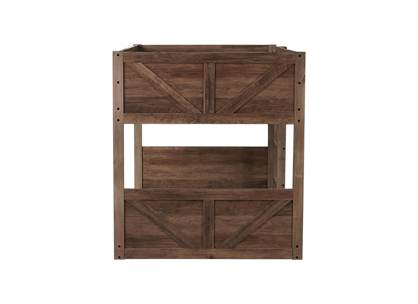 Twin over Twin Floor Bunk Bed with Panelled Headboard and Footboard, Solid Rubber Wood Foundation with Safety Guardrails, Built-in ladder, Antique Oak detail view 21