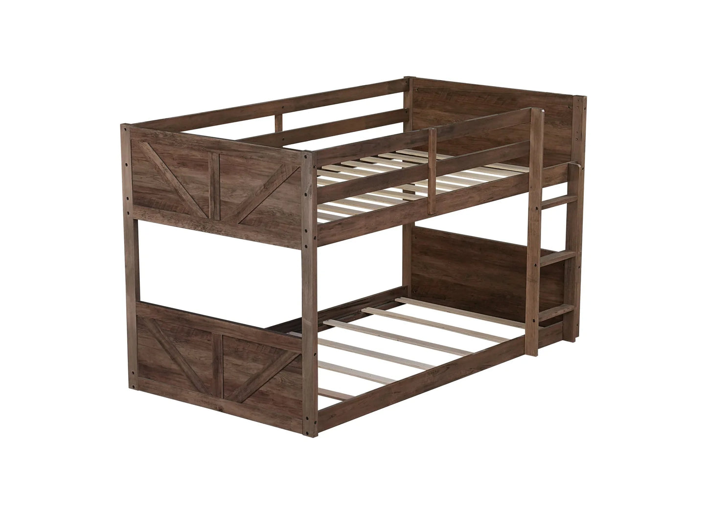 Twin over Twin Floor Bunk Bed with Panelled Headboard and Footboard, Solid Rubber Wood Foundation with Safety Guardrails, Built-in ladder, Antique Oak detail view 22