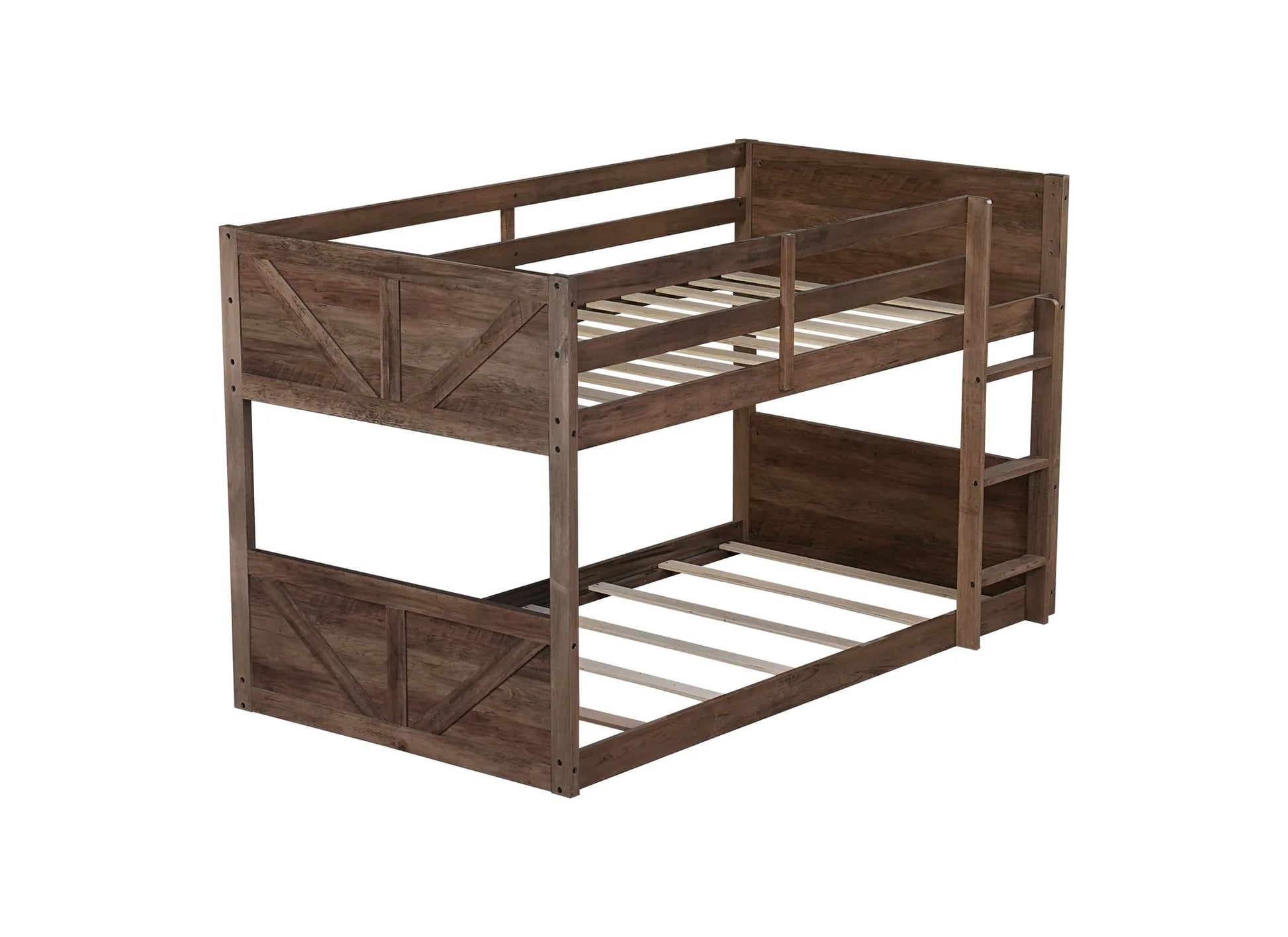 Twin over Twin Floor Bunk Bed with Panelled Headboard and Footboard, Solid Rubber Wood Foundation with Safety Guardrails, Built-in ladder, Antique Oak detail view 22