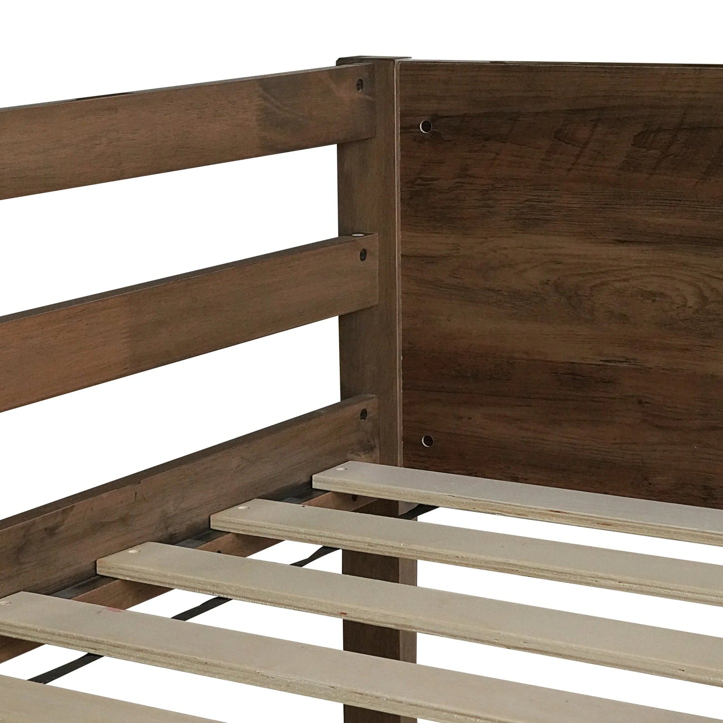 Twin over Twin Floor Bunk Bed with Panelled Headboard and Footboard, Solid Rubber Wood Foundation with Safety Guardrails, Built-in ladder, Antique Oak detail view 23