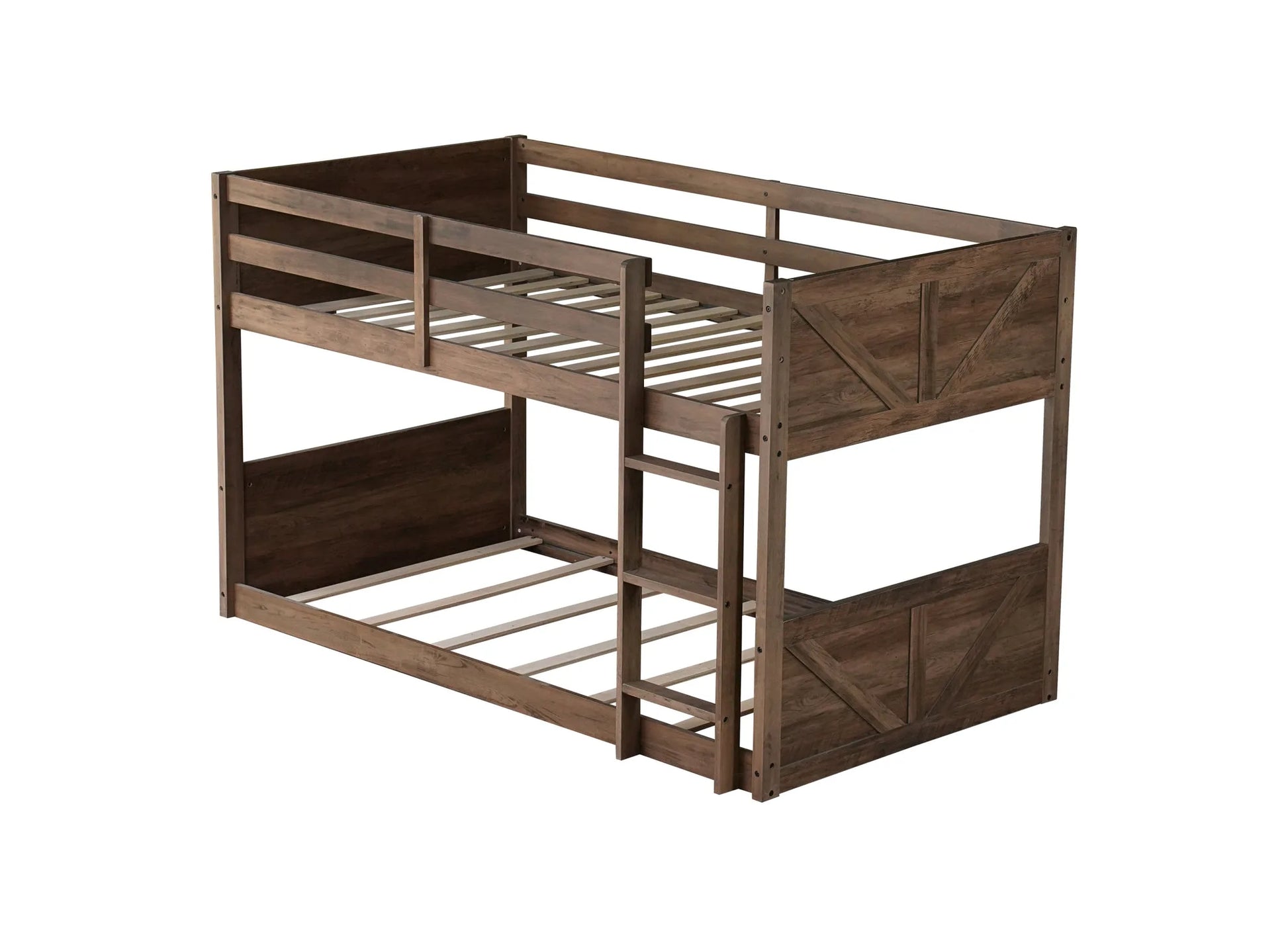 Twin over Twin Floor Bunk Bed with Panelled Headboard and Footboard, Solid Rubber Wood Foundation with Safety Guardrails, Built-in ladder, Antique Oak detail view 24
