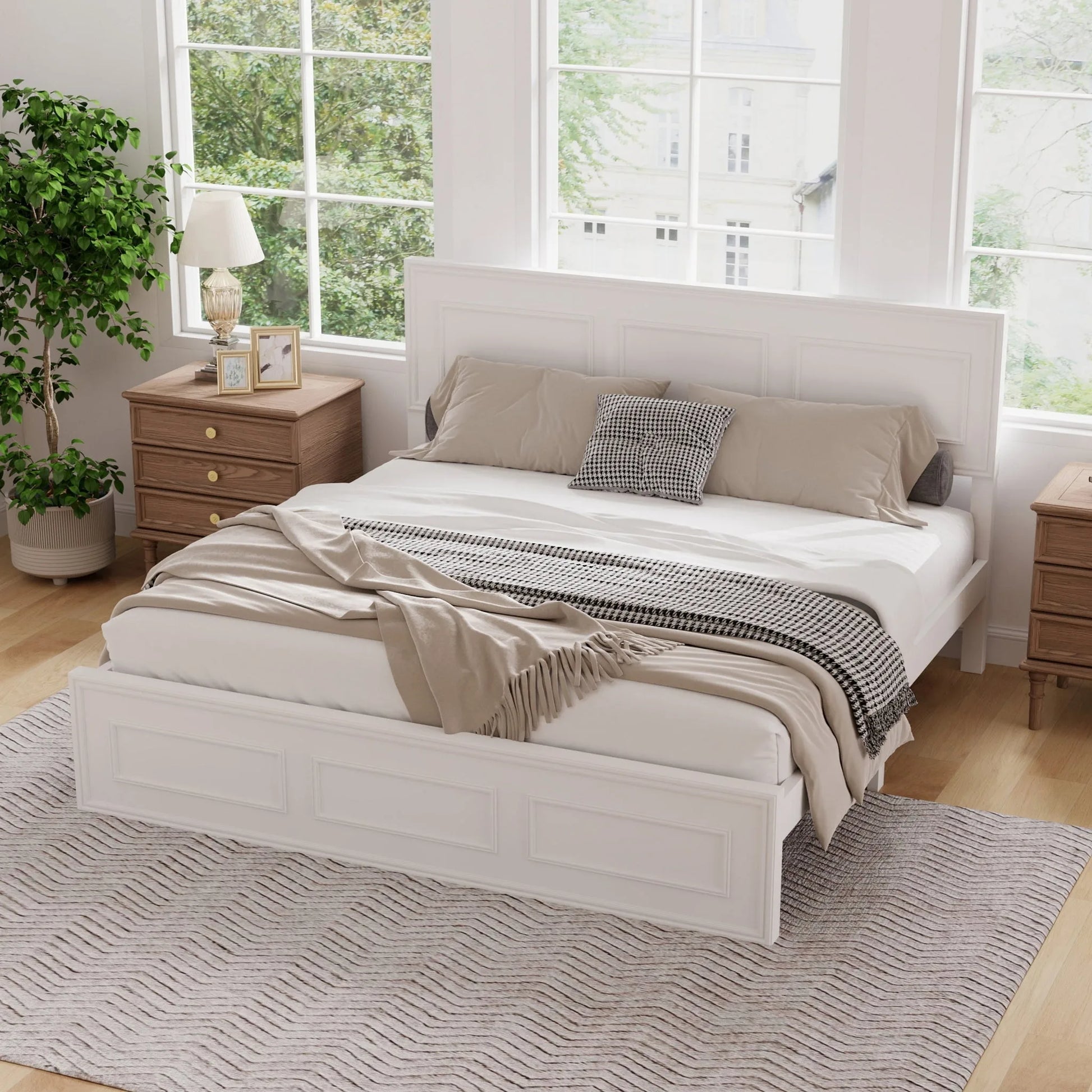Queen Size Bed with Adjustable Height Headboard, Pine Wood Bed with Strengthened Bed Frame, White lifestyle view