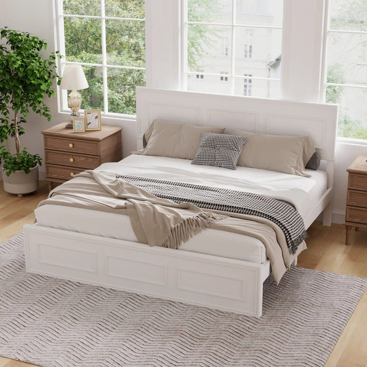 Queen Size Bed with Adjustable Height Headboard, Pine Wood Bed with Strengthened Bed Frame, White lifestyle view