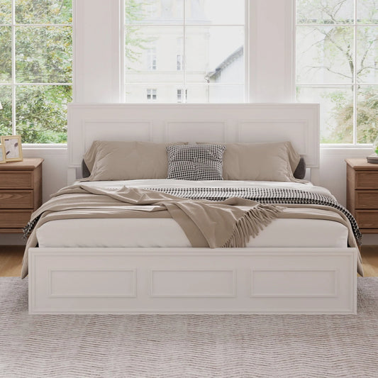 Queen Size Bed with Adjustable Height Headboard, Pine Wood Bed with Strengthened Bed Frame, White detail view 2