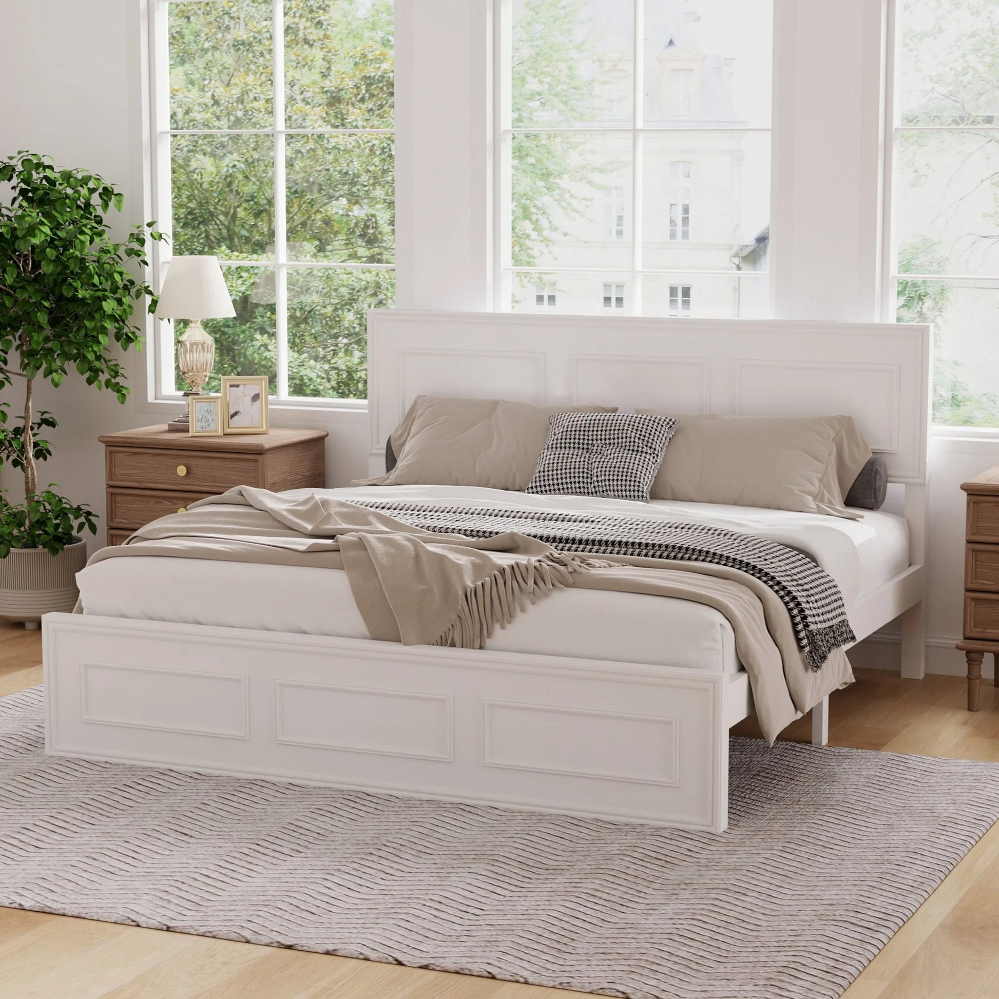 Queen Size Bed with Adjustable Height Headboard, Pine Wood Bed with Strengthened Bed Frame, White detail view 3