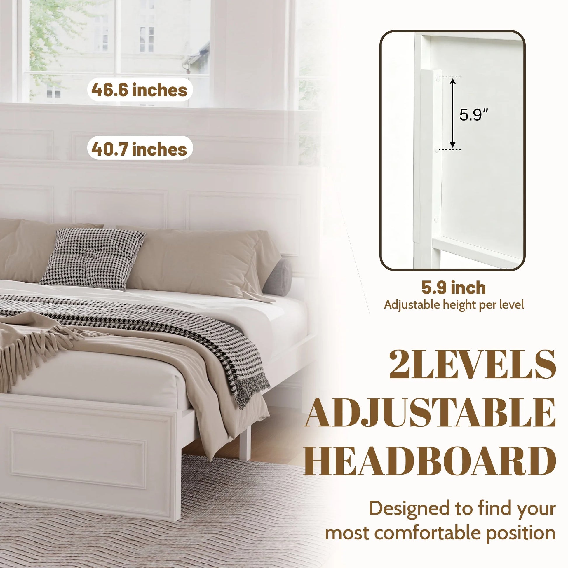 Queen Size Bed with Adjustable Height Headboard, Pine Wood Bed with Strengthened Bed Frame, White detail view 5