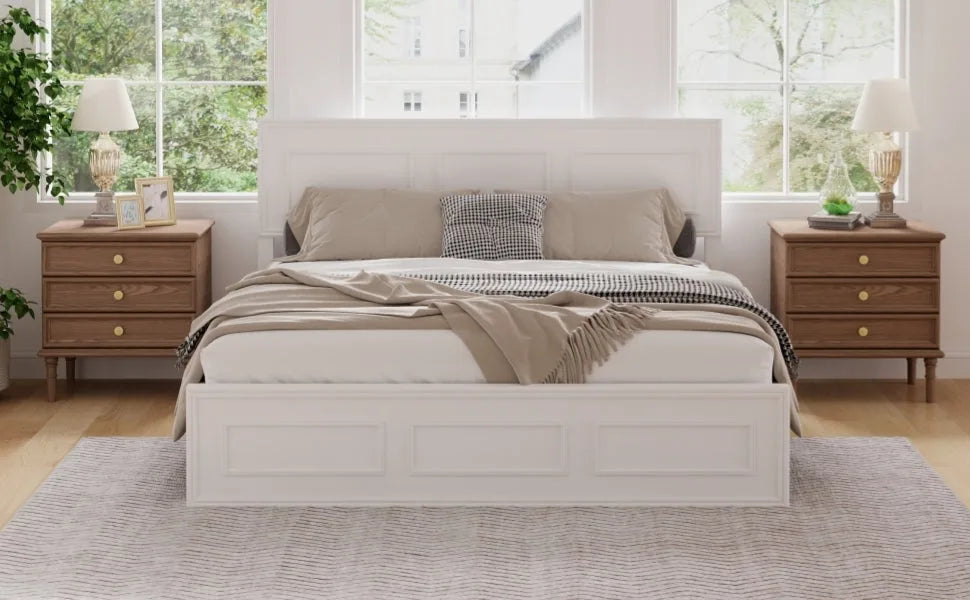 Queen Size Bed with Adjustable Height Headboard, Pine Wood Bed with Strengthened Bed Frame, White detail view 9