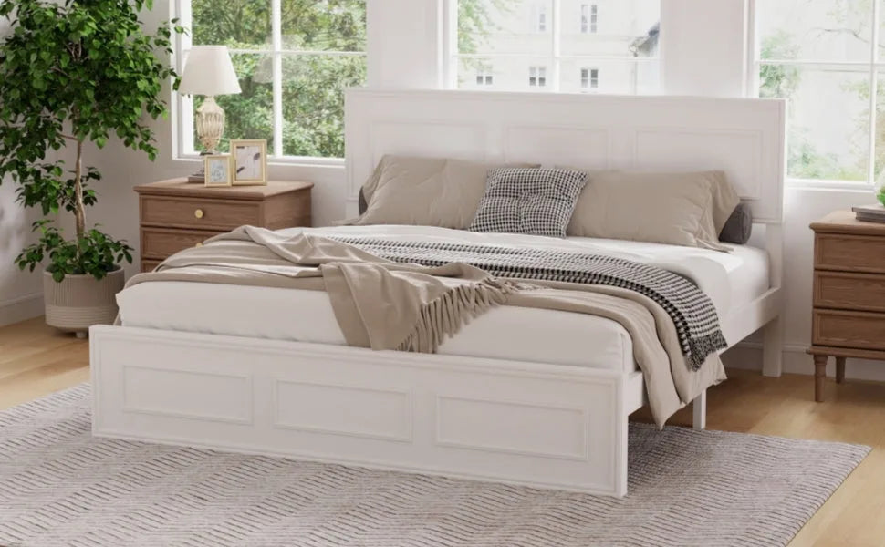 Queen Size Bed with Adjustable Height Headboard, Pine Wood Bed with Strengthened Bed Frame, White detail view 10