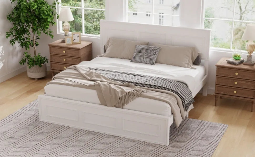 Queen Size Bed with Adjustable Height Headboard, Pine Wood Bed with Strengthened Bed Frame, White detail view 11