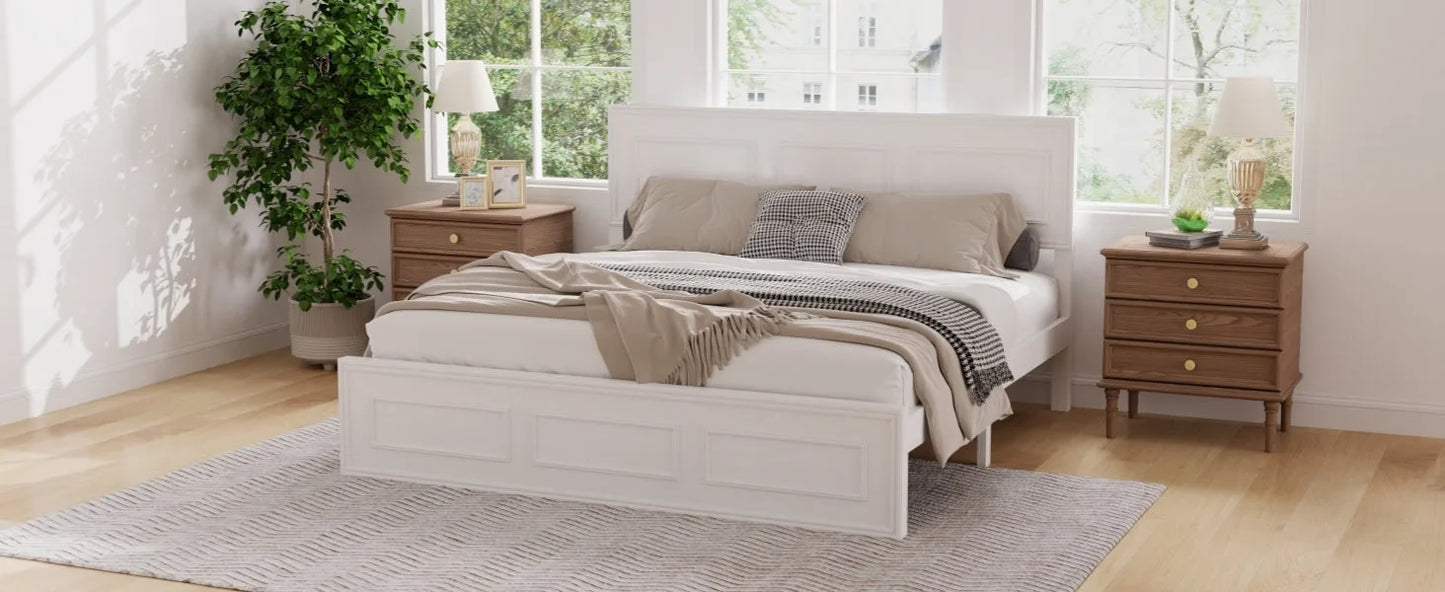 Queen Size Bed with Adjustable Height Headboard, Pine Wood Bed with Strengthened Bed Frame, White detail view 12