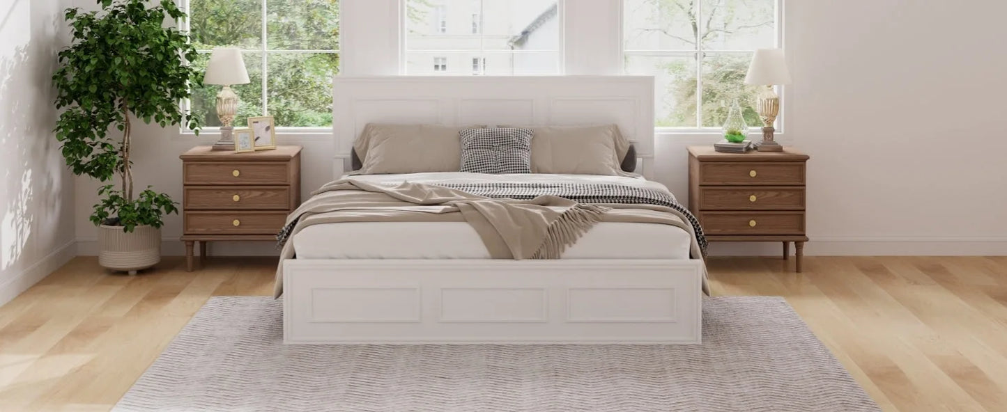 Queen Size Bed with Adjustable Height Headboard, Pine Wood Bed with Strengthened Bed Frame, White detail view 13