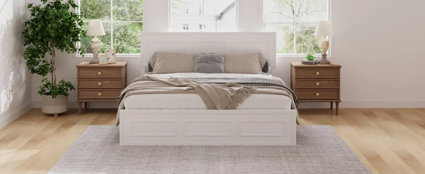 Queen Size Bed with Adjustable Height Headboard, Pine Wood Bed with Strengthened Bed Frame, White detail view 13