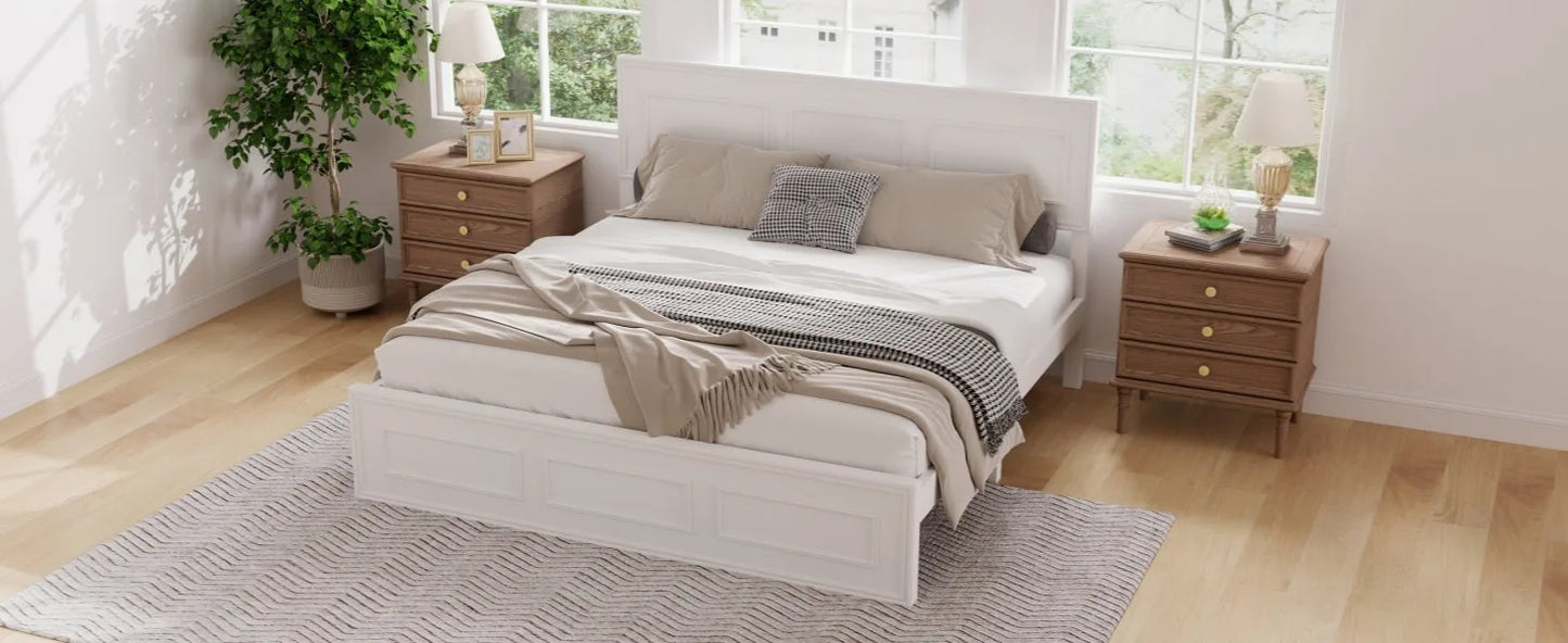 Queen Size Bed with Adjustable Height Headboard, Pine Wood Bed with Strengthened Bed Frame, White detail view 14