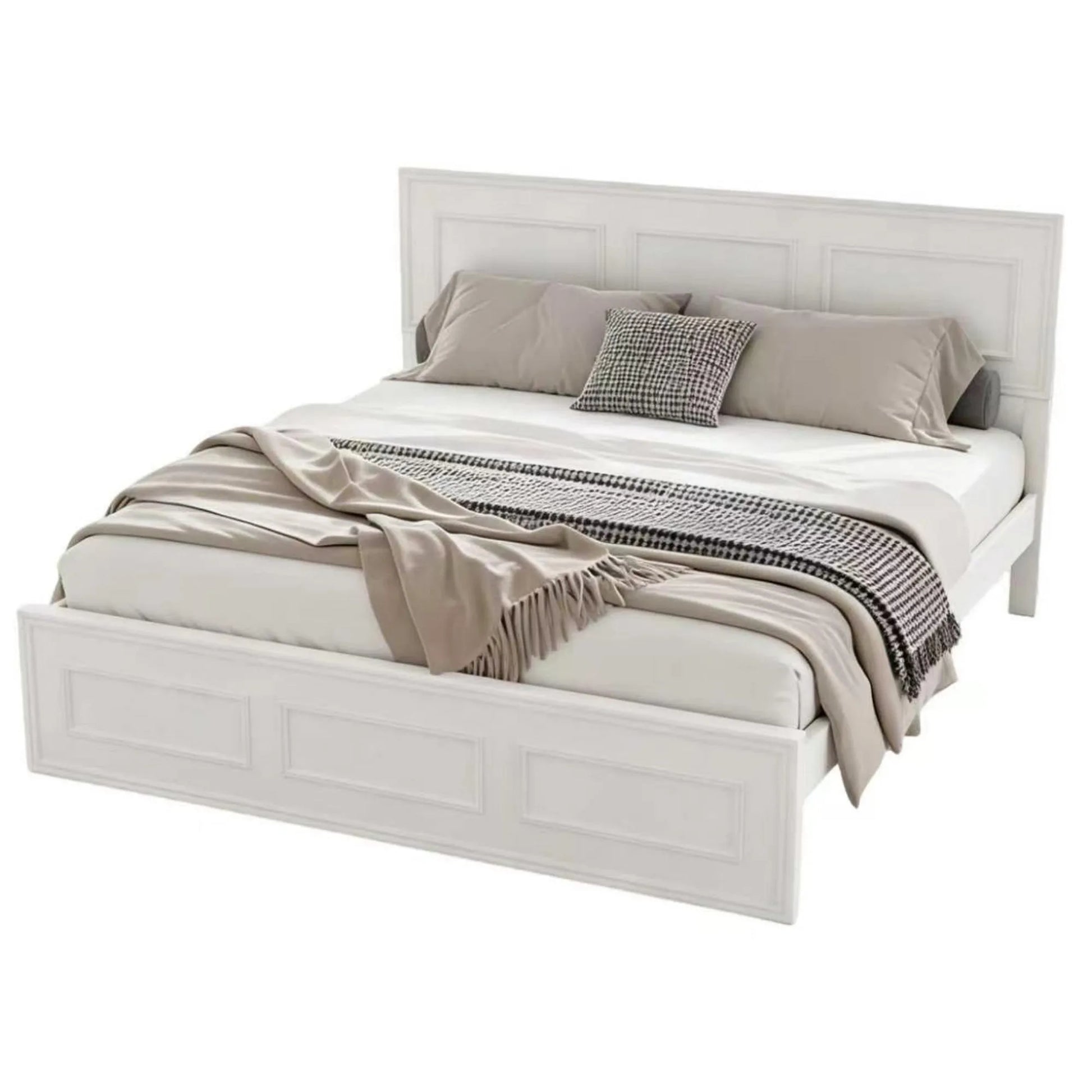 Queen Size Bed with Adjustable Height Headboard, Pine Wood Bed with Strengthened Bed Frame, White detail view 15