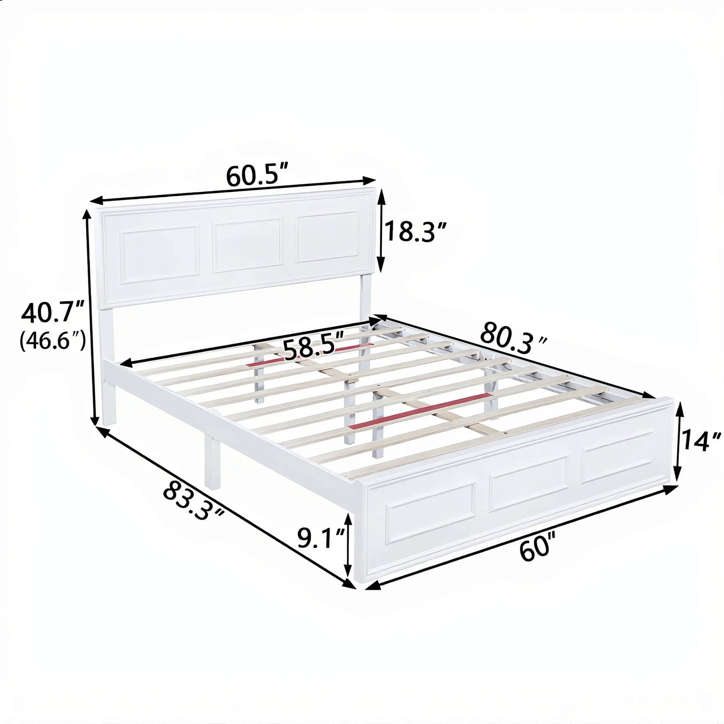 Queen Size Bed with Adjustable Height Headboard, Pine Wood Bed with Strengthened Bed Frame, White detail view 16
