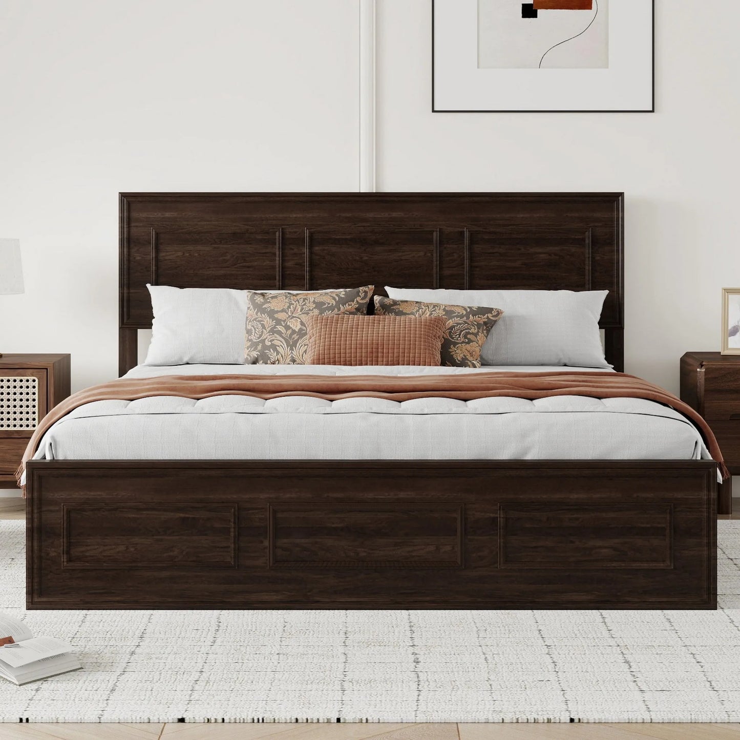 Queen Size Bed with Adjustable Height Headboard, Pine Wood Bed with Strengthened Bed Frame, White detail view 42
