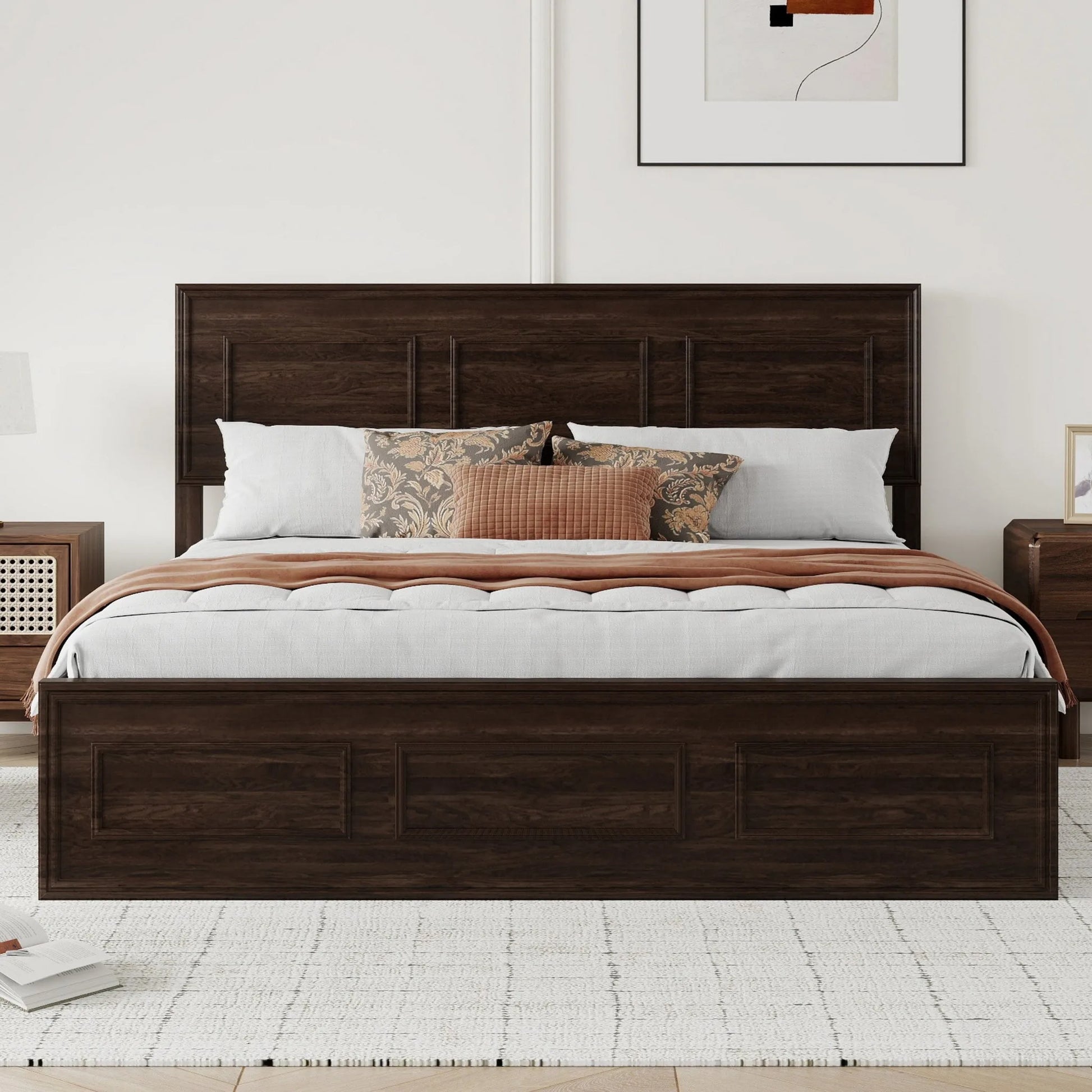 Queen Size Bed with Adjustable Height Headboard, Pine Wood Bed with Strengthened Bed Frame, White detail view 42