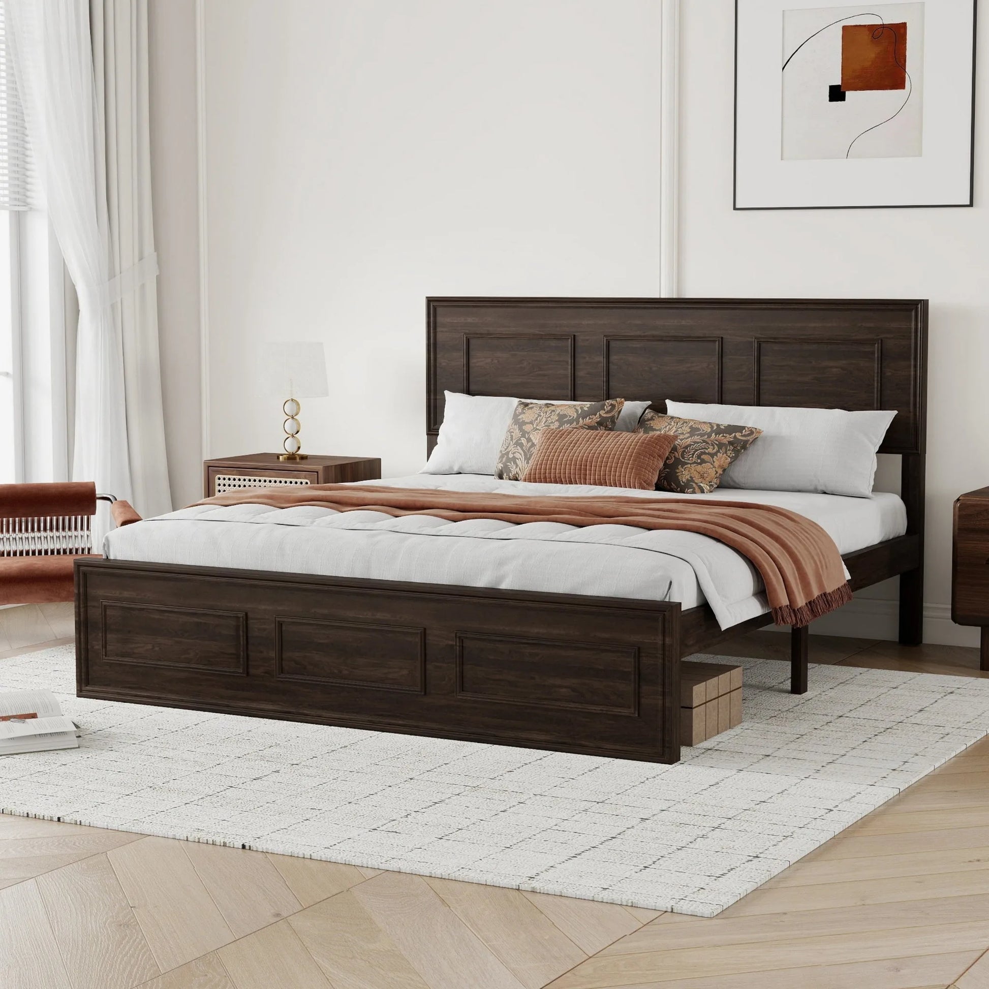 Queen Size Bed with Adjustable Height Headboard, Pine Wood Bed with Strengthened Bed Frame, White detail view 43