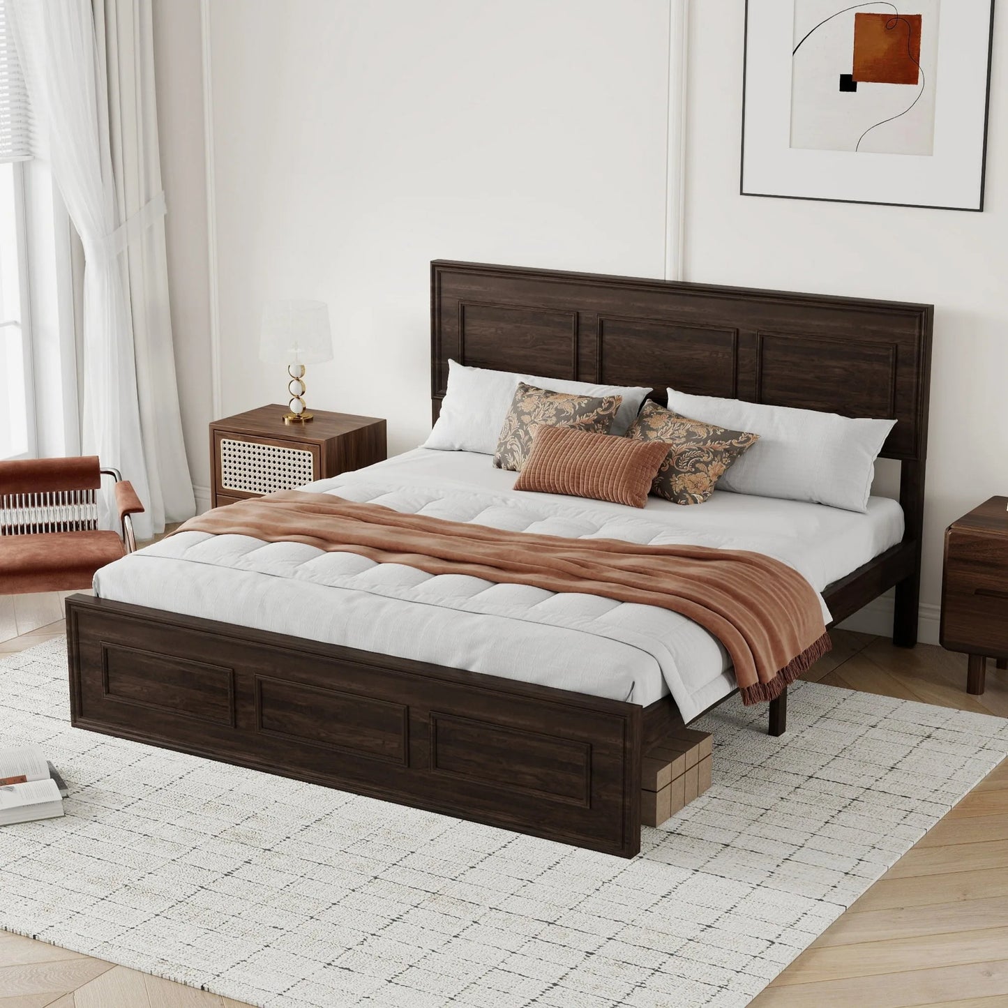 Queen Size Bed with Adjustable Height Headboard, Pine Wood Bed with Strengthened Bed Frame, White detail view 44