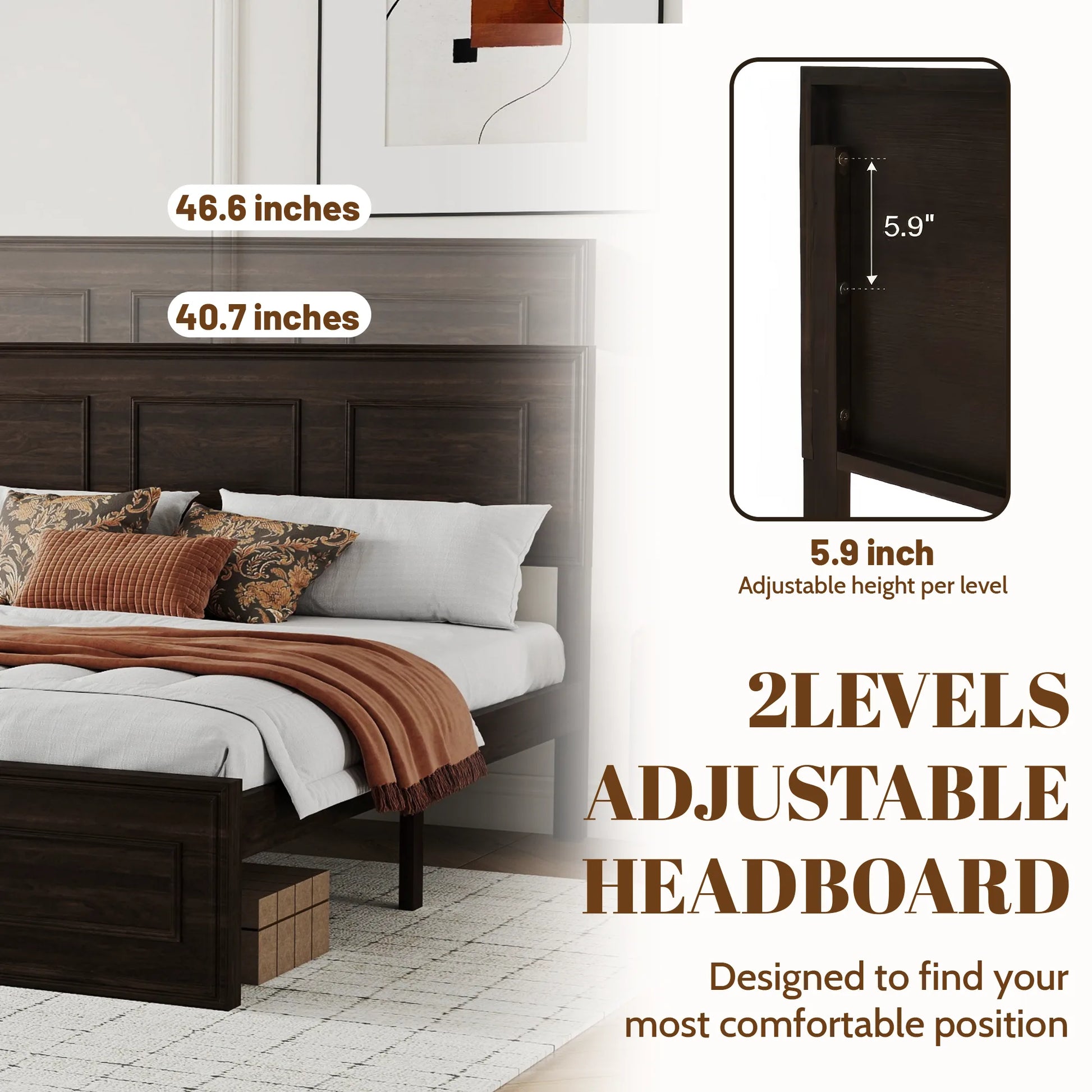 Queen Size Bed with Adjustable Height Headboard, Pine Wood Bed with Strengthened Bed Frame, White detail view 46