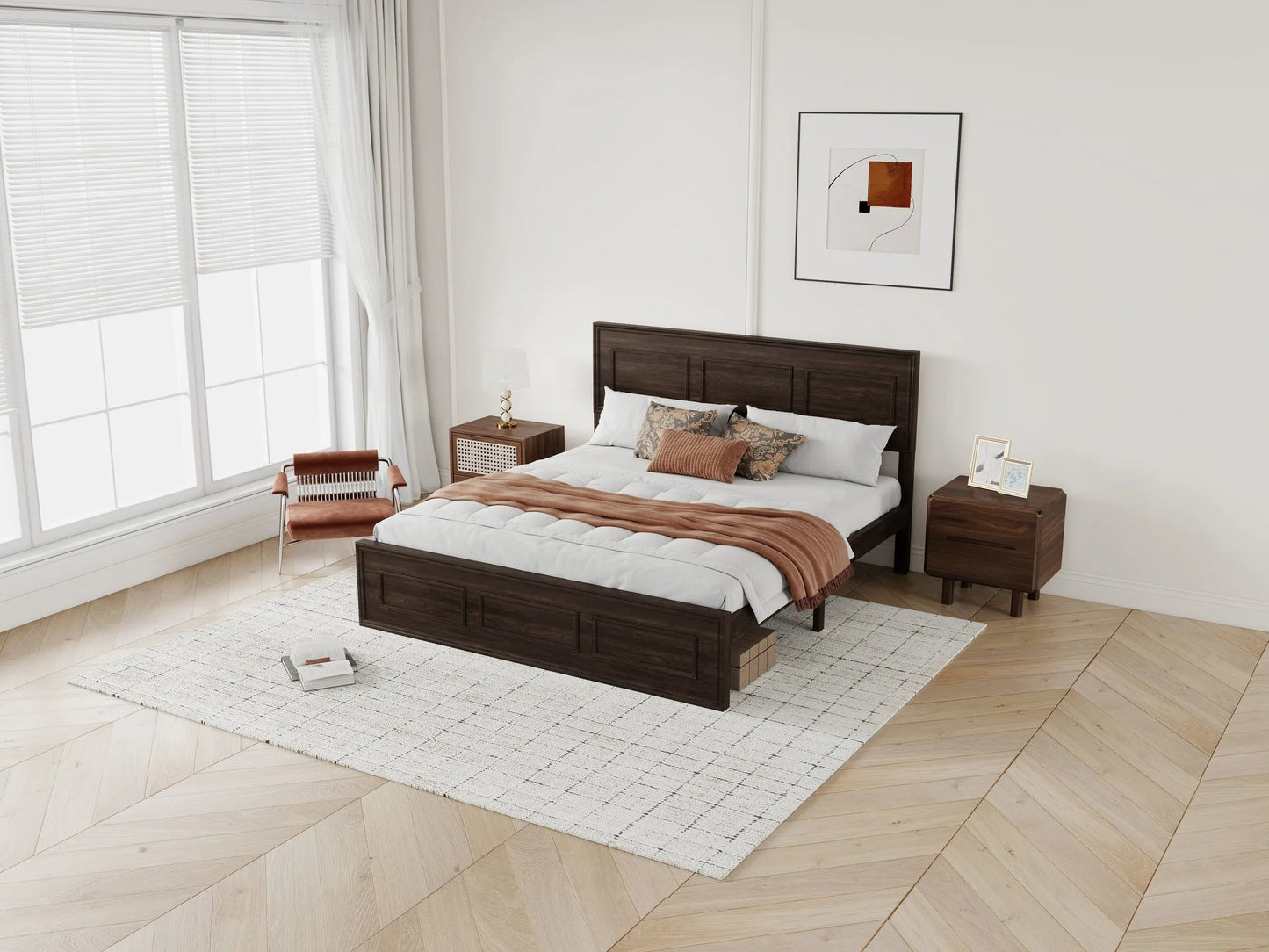 Queen Size Bed with Adjustable Height Headboard, Pine Wood Bed with Strengthened Bed Frame, White detail view 47